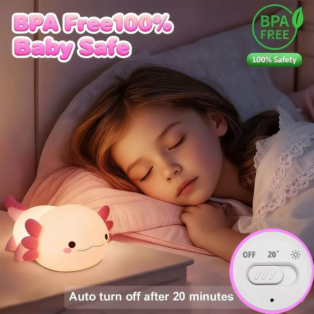 Cute Axolotl Night Light for Kids Bedroom, Animal Silicone Nursery Night Lamp Touch Control Nightlights USB Rechargeable Bedside Lamp for Baby Children Toddlers Girls Gift (Pink Axolotl)