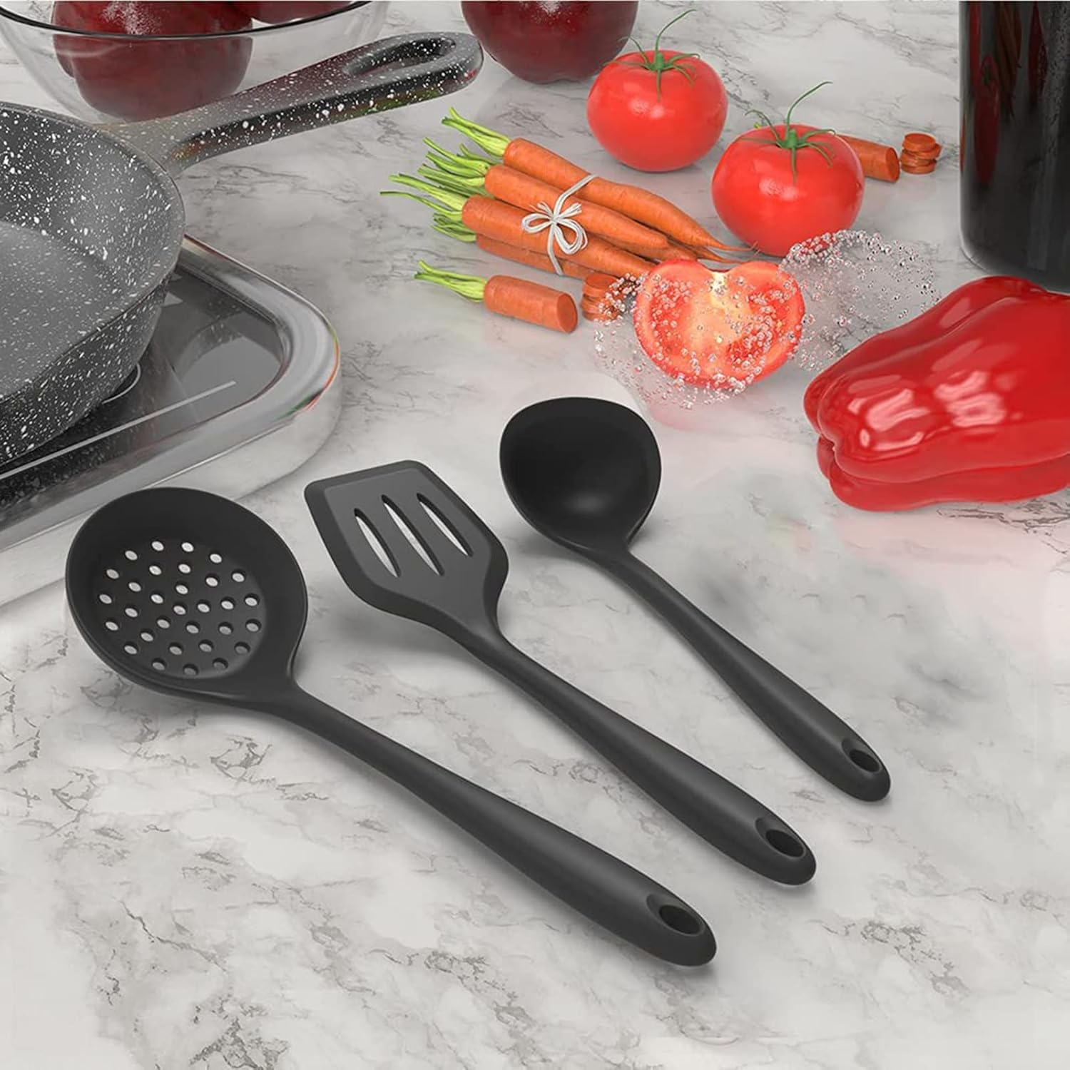 Black Silicone Cooking Utensils,6 Pcs Kitchen Utensil Set,Spatula,Spoon,Brush, Heat Resistant Silicone,Dishwasher Safe, BPA Free image number 1