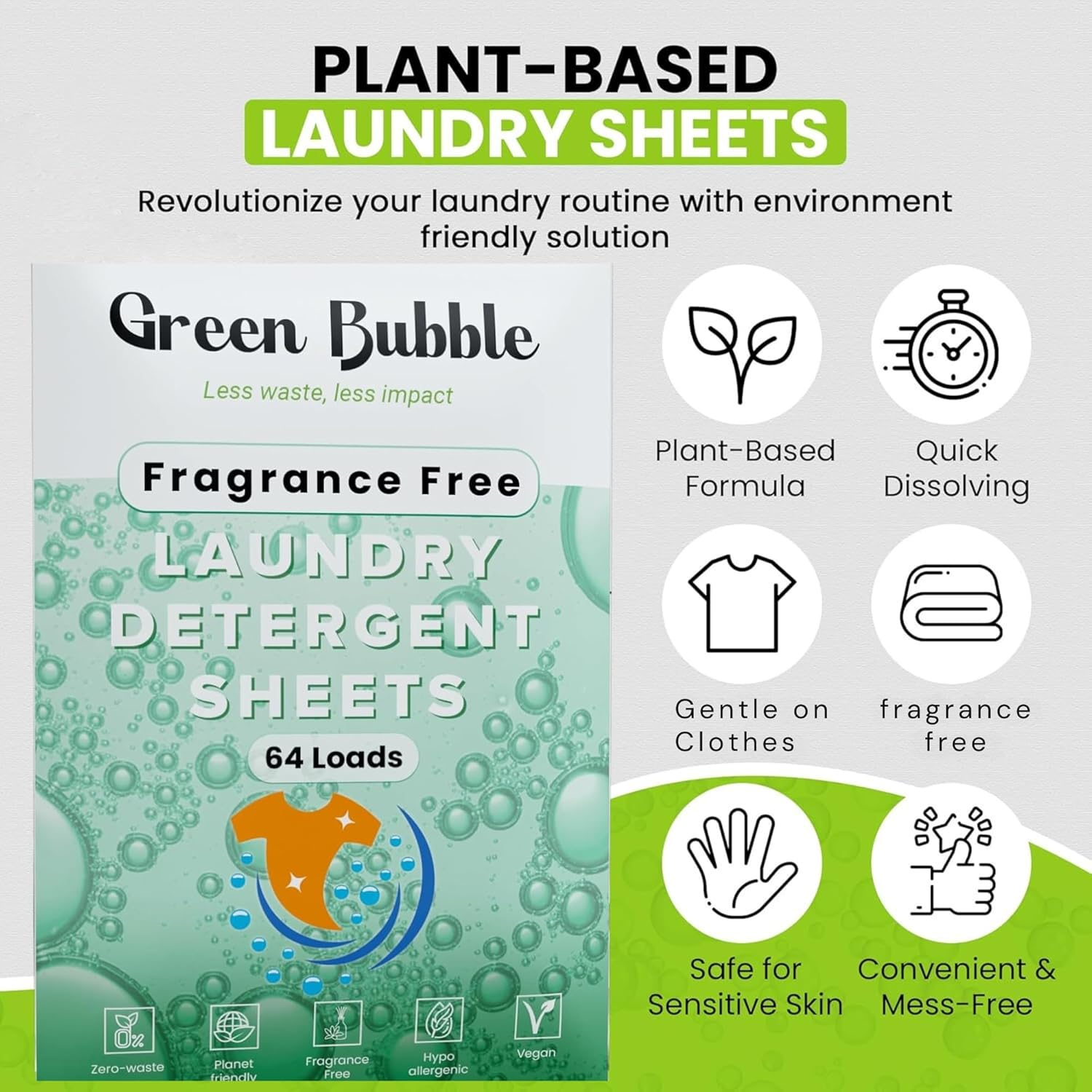 Green Bubble Laundry Detergent Sheets &ndash; 64 Loads, Fragrance Free image number 4