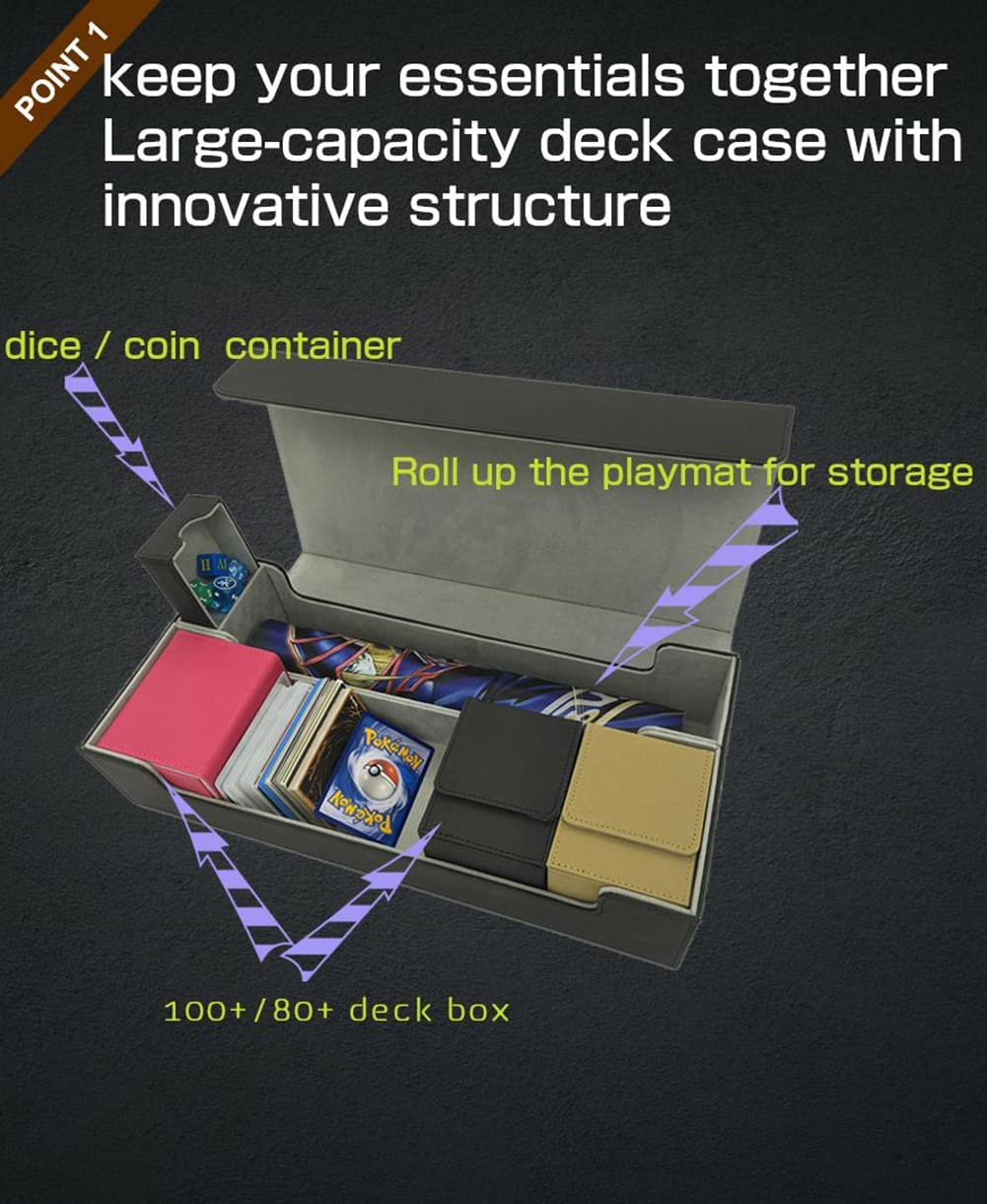 Card Deck Box, Card Deck Case, Deck Card Box, Leather Large Size Fit 550 plus Sleeved Cards Compatible with Single/Double Sleeved Toploader MTG TCG Ccg（Black＆Grey） image number 2