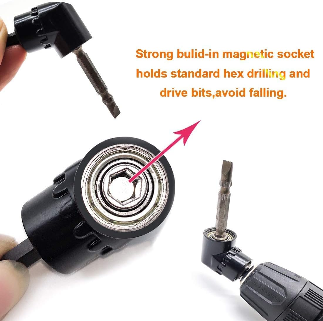 QISF 2Pcs Black 105 Degree 1/4 Inch Right Angle Drill Adapter Hex Shank Screwdriver Angled Bit Holder Extension Power Drill Tool + 1/4 Inch Hexagon Flexible Screwdriver & Drill Extension Soft Shaft image number 2