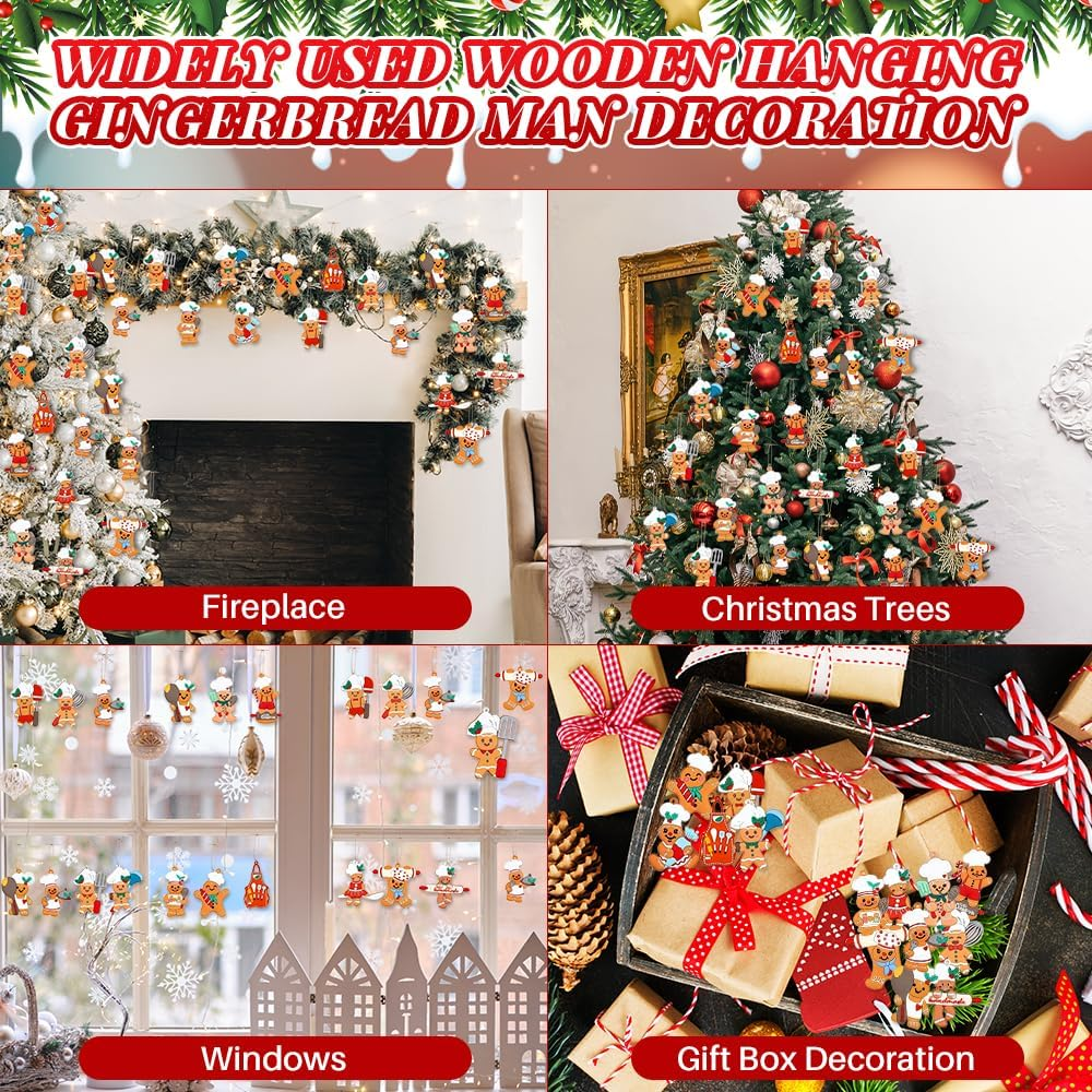 AUTOWT 30Pcs Wooden Gingerbread Christmas Ornaments Set, Assorted Ginger Man Hanging Decorations with Strings, Snowman Xmas Tree Hanging Figurine for Christmas Festive Season Holiday Party Home Decor image number 5