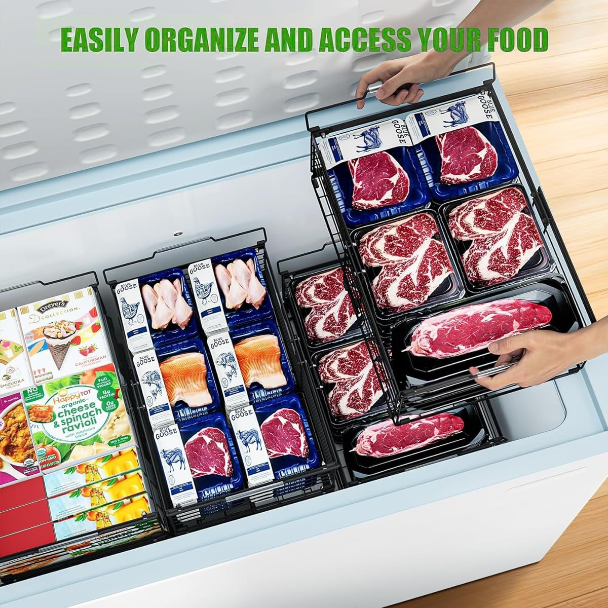 Blissify 2 Pack Expandable Freezer Basket, Stackable Large Freezer Organiser, Deep Chest Freezer Organizer Bins with Foldable Handles for Sorting Frozen Meats and Food, Black image number 3