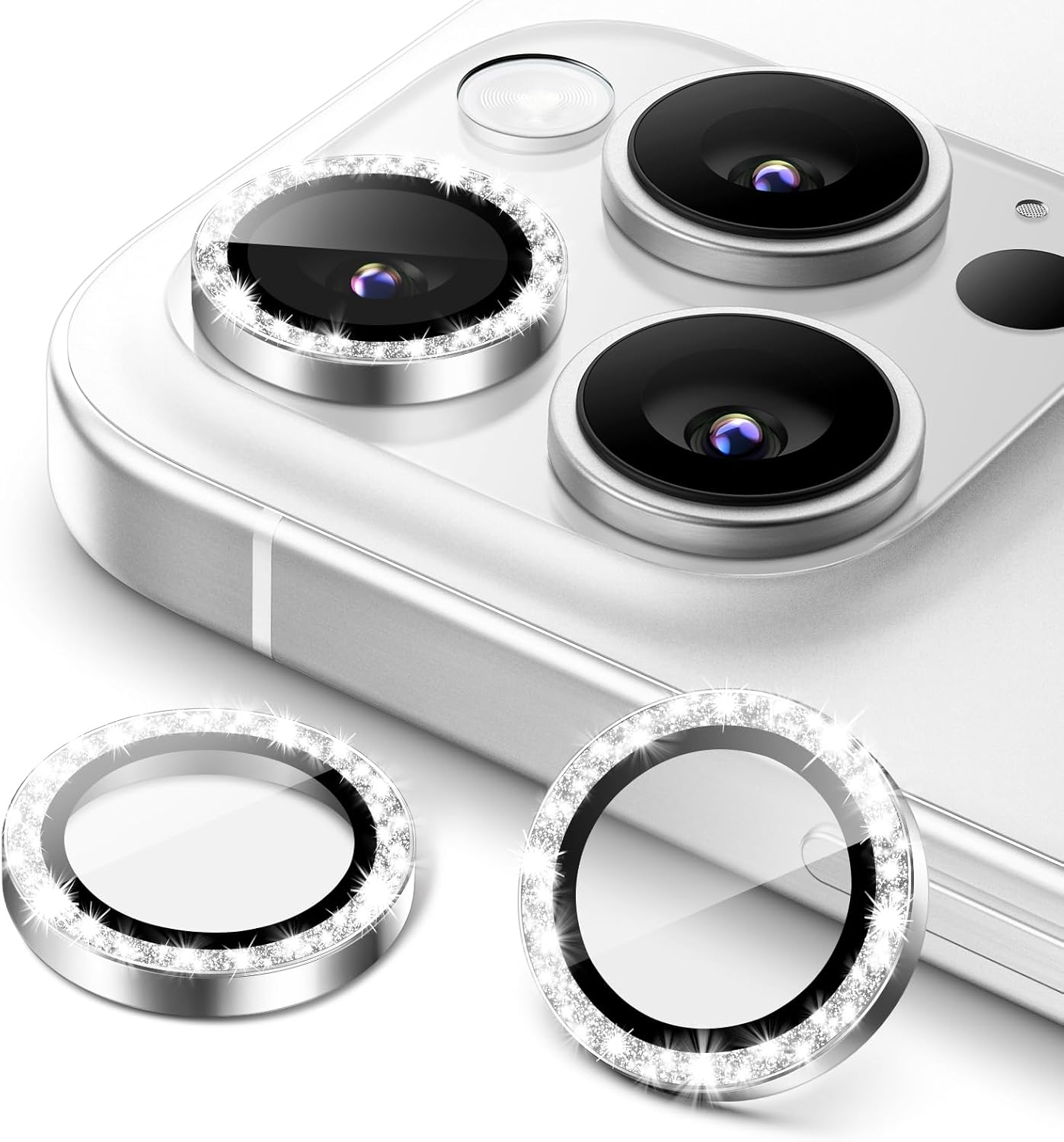 Jetech Camera Lens Protector for Iphone 16 Pro 6.3-Inch and Iphone 16 Pro Max 6.9-Inch, Bling Glitter Individual 9H Tempered Glass Metal Ring Cover, HD Clear, 1 Set (Desert Titanium)