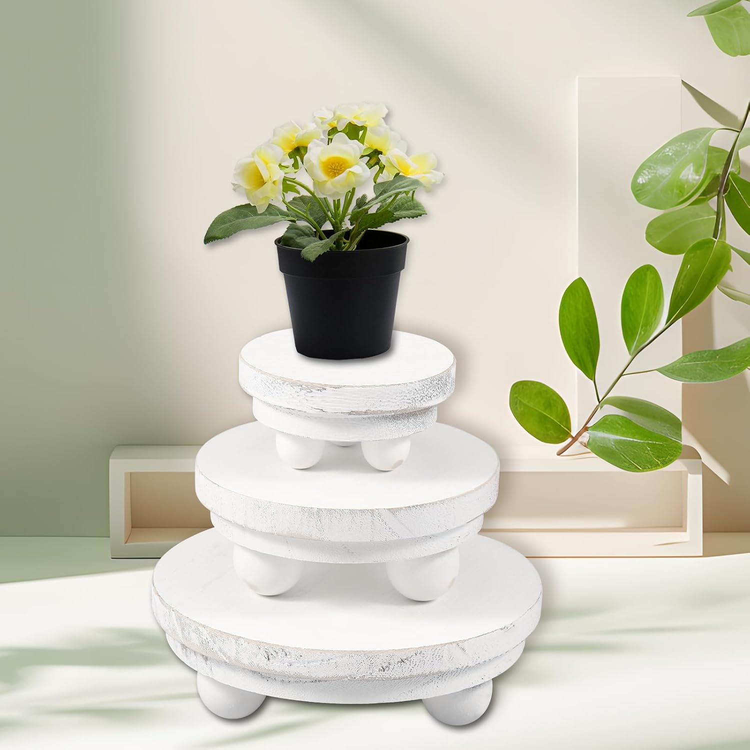 3 Pcs Wood Risers for Decor, Wood Pedestal Stand for Display, round Mini Riser Stand, Tiered Tray Decor Riser, Stackable Wooden Stool Display Stand Flower Pot Holder for Indoor Outdoor (Brown)