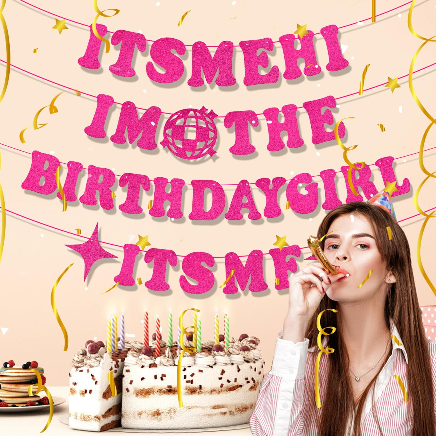It'S Me Hi I'M the Birthday Girl It'S Me Banner, Funny Birthday Party Banner Singer Party Garland Decorations Glitter (Pink) image number 5