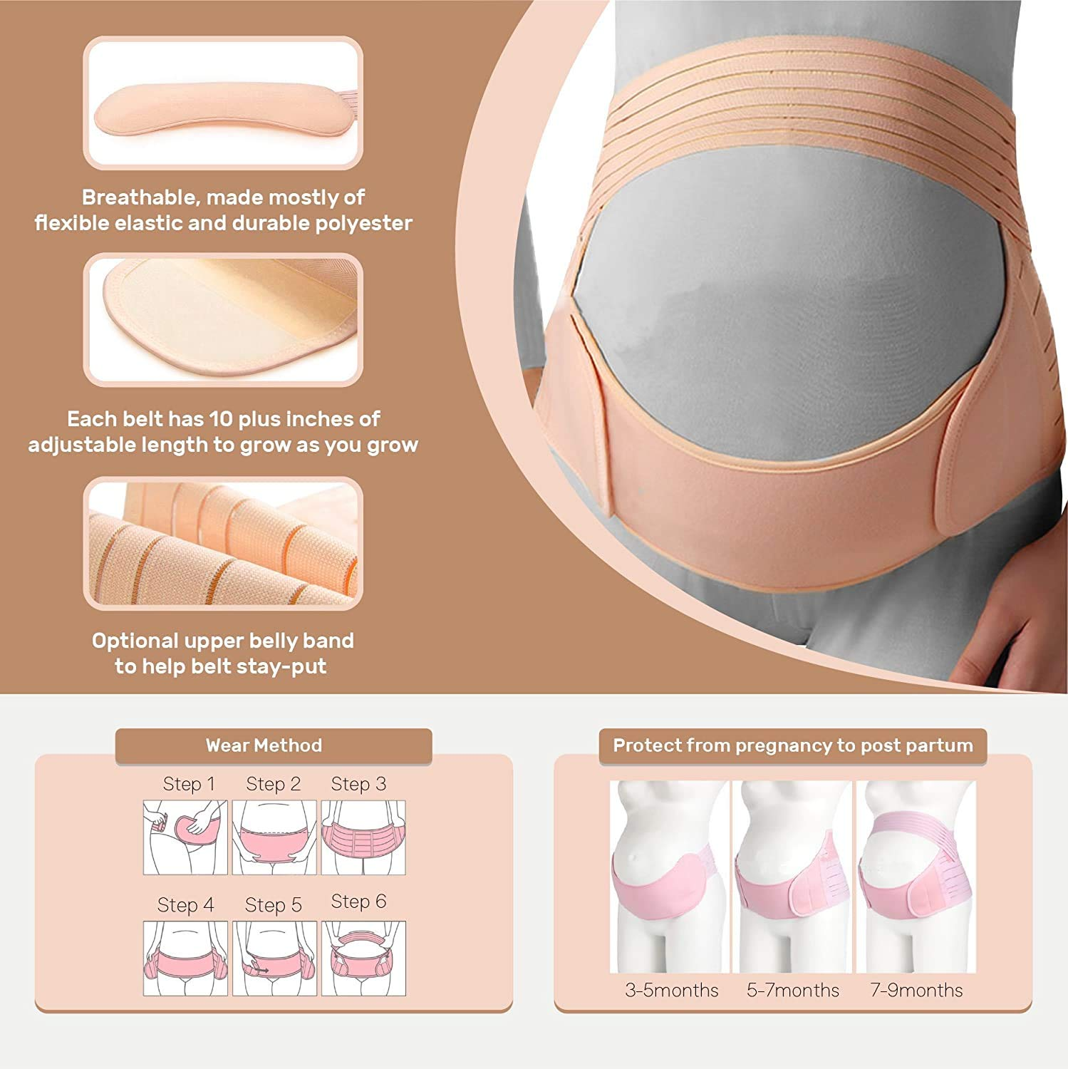 EZONEDEAL Maternity Belt, Pregnancy Support Belt - Waist/Back/Abdomen Band, Pregnancy Belly Support Band - Adjustable Breathable Lower Back Pelvic Support - Maternity Belly Band for Pregnancy (XL) image number 6