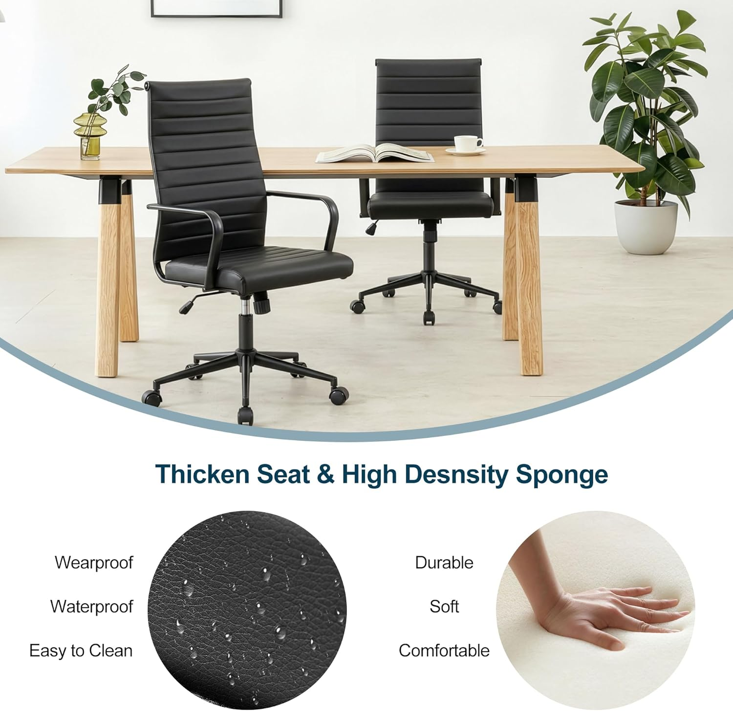 Okeysen Office Desk Chair, Ergonomic PU Leather Modern Conference Room Chairs, Executive Ribbed Height Adjustable Swivel Rolling Chair for Home Office (Black with Black Frame)