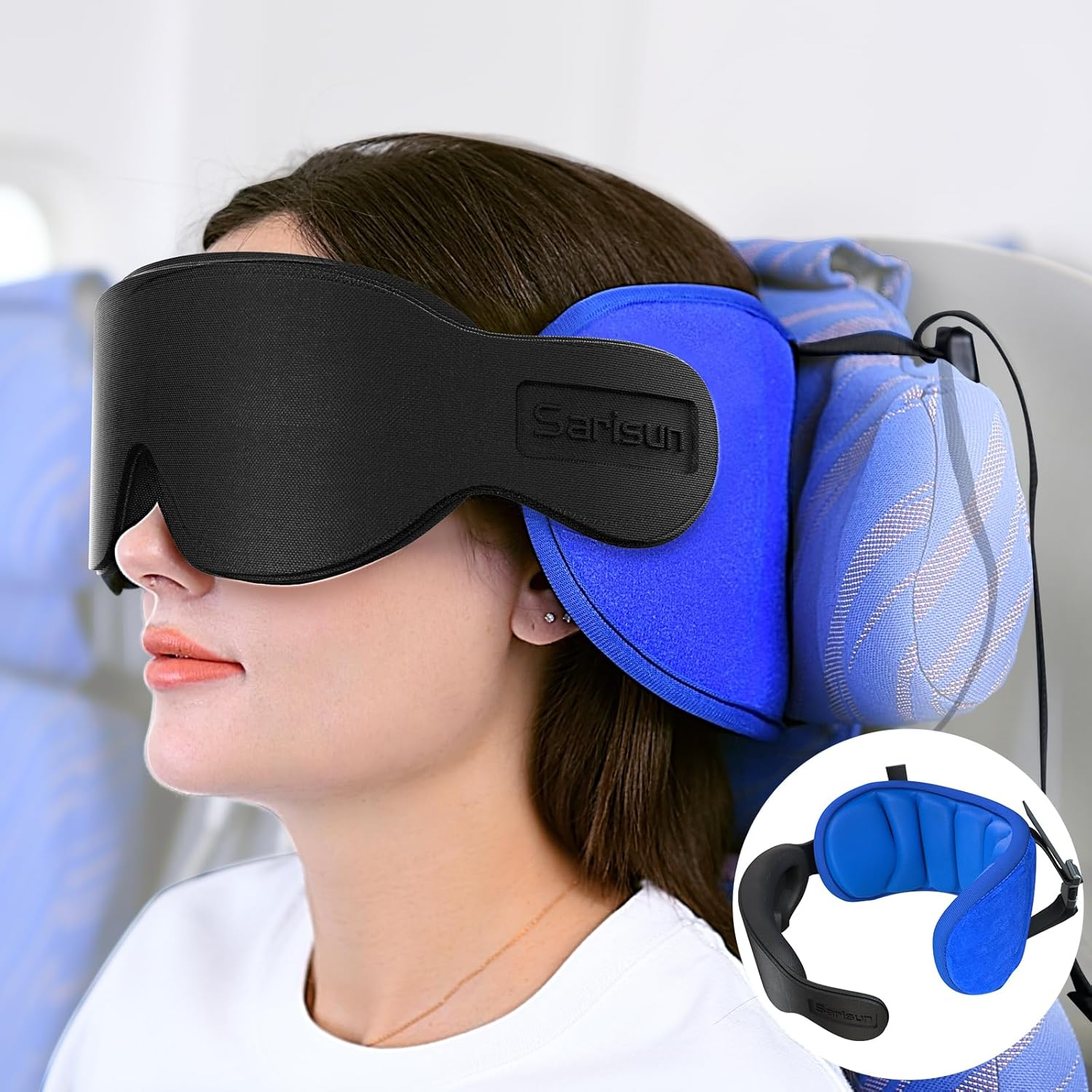Travel Pillows for Airplanes, Airplane Pillow for Long Flight, Airplane Head Strap with Eye Mask for Sleep, Travel Neck Pillow for Car Road Trip, 360&deg; Support Headrest, Stop Bobblehead, Black