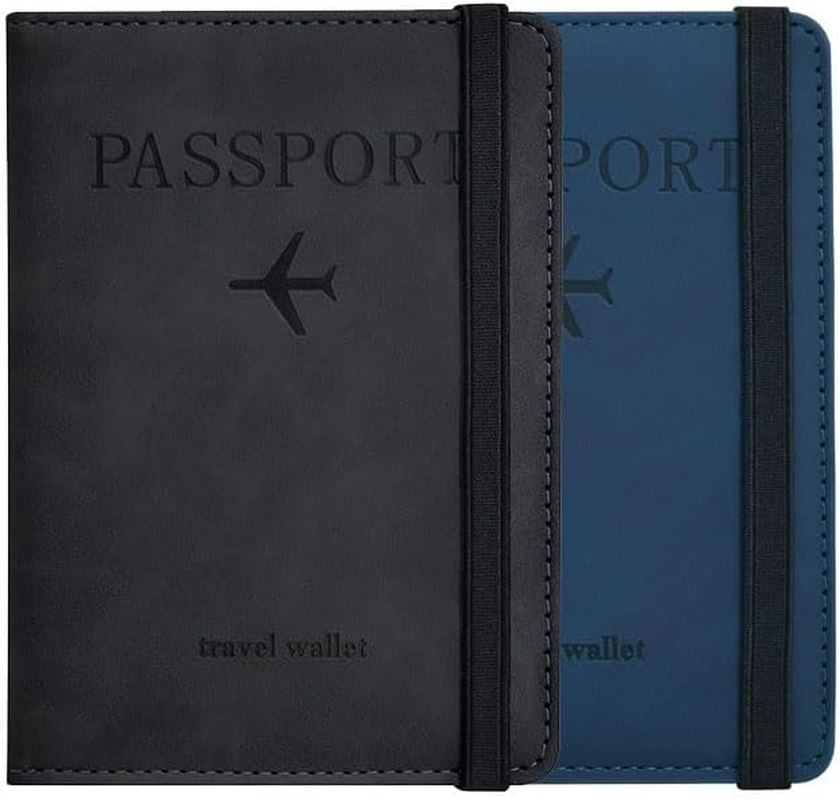 2 Pack Passport Holder, Passport Cover with Credit Card Slot and Boarding Pass Slot Combo, Passport Wallet Case Book Travel Must Have, RFID Blocking Leather Travel Accessories(Black+Brown)