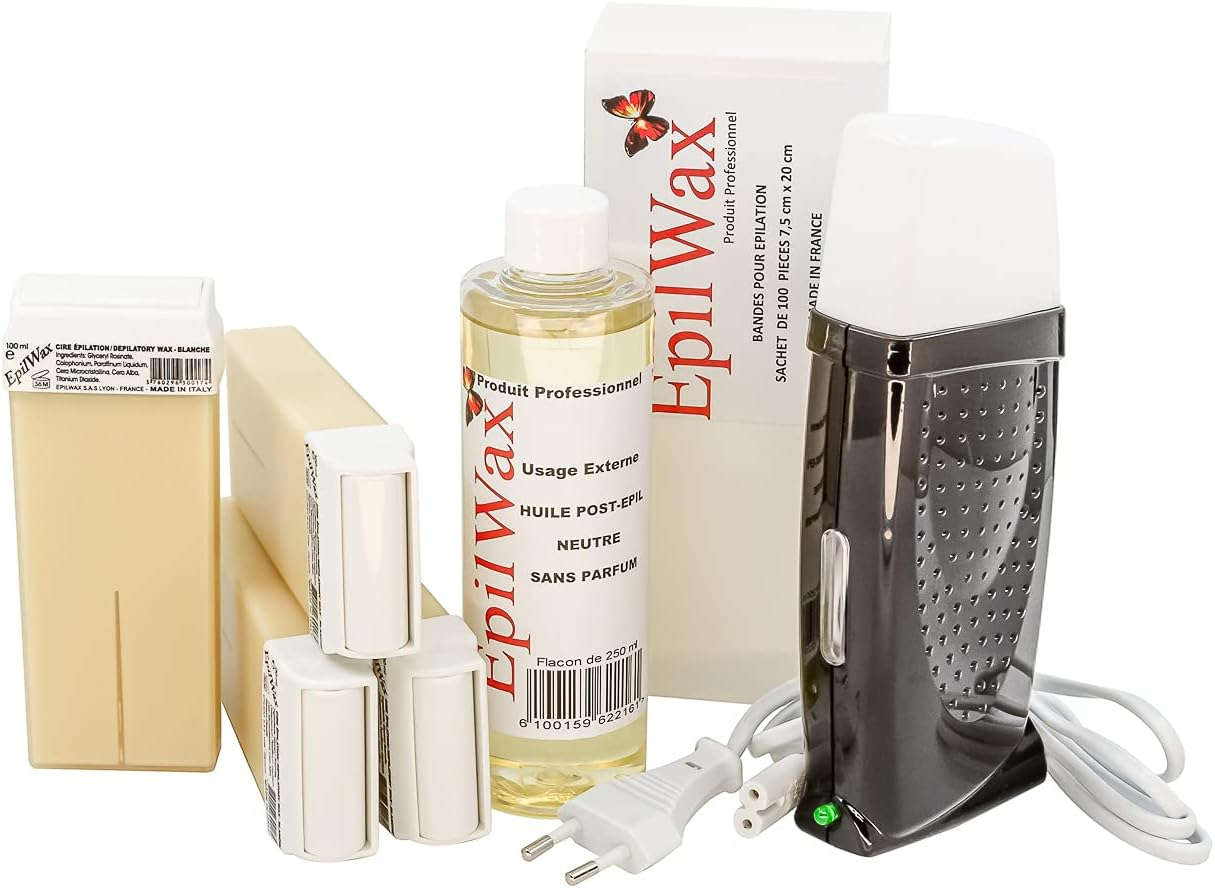 Epilwax Royal Complete Waxing Kit With: Professional Wax Heater 4 Roll-On Wax 100 Ml Vanilla, 100 Waxing Strips, 1 Bottle of 250 Ml after Waxing Oil (Royal Black Vanilla 4)