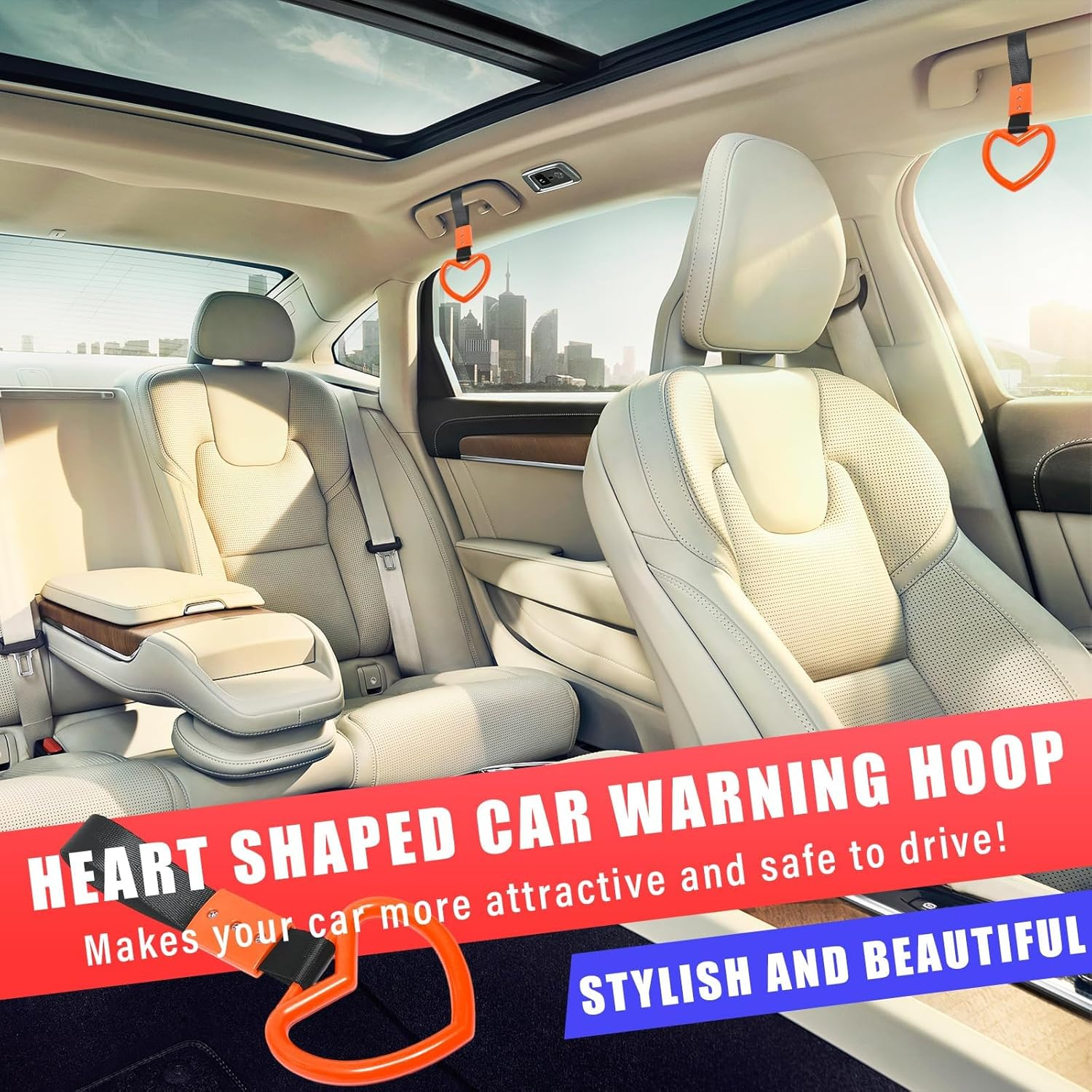 2PCS Ring Heart Shaped Car Hand Straps, Cute Rear Bumper Warning Rings Drift, Warning Loops for Car Interior Decor (Orange & Black) image number 4
