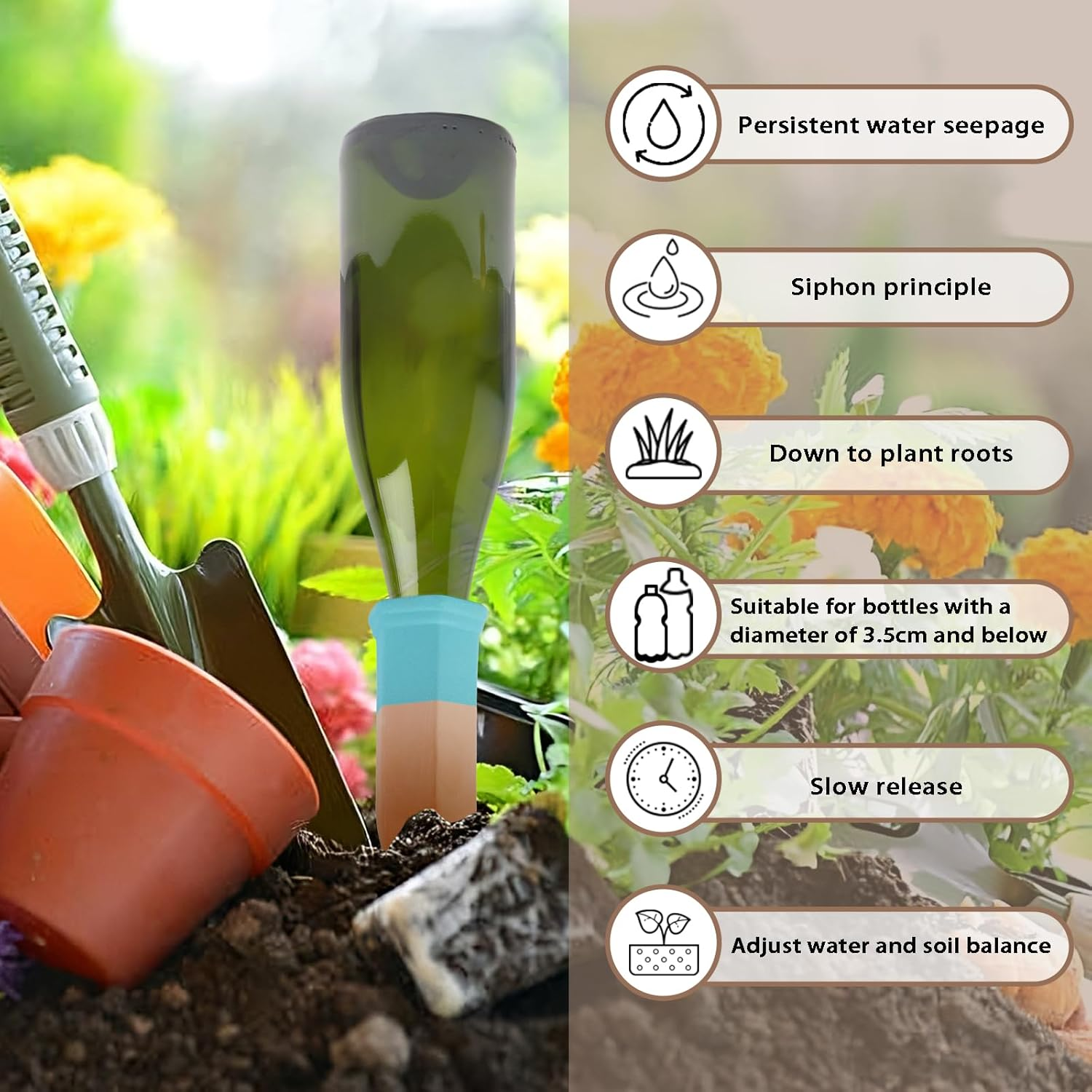 Joyeee Terracotta Watering Spikes, Self Watering Spikes, Automatic Plant Waterers for Vacations, Wine Bottle Plant Watering Spikes, Great for Indoor & Outdoor Plants (6 Pack) image number 2