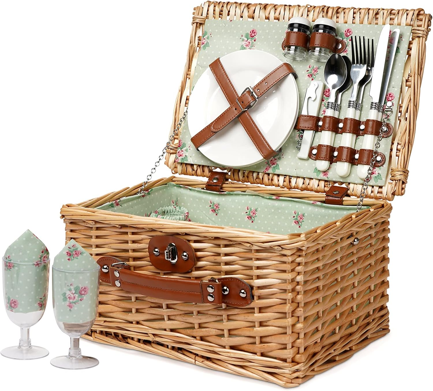 Wicker Picnic Basket for 2, Willow Hamper Basket Sets with Insulated Compartment, Handmade 2 Person Picnic Basket Classical Red Check with Utensils Cutlery Perfect for Picnic, Camping
