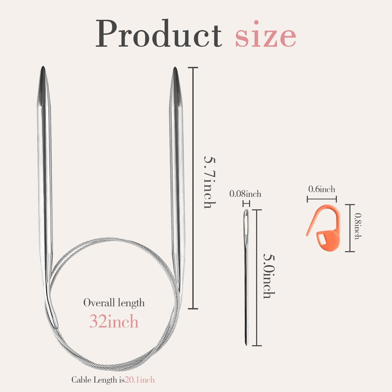 28PCS Knitting Needles Funcyboo,Circular Knitting Needles 32"Stainless Steel Circular Knitting Needles Metal round Knitting Needles with Stitch Markers & Blunt Needle for Begining Fit Hot Sleeve Sweet image number 3