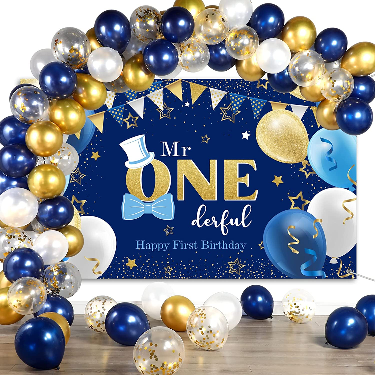 Mr. Onederful 1St Birthday Decoration Party Supplies - Happy Birthday Backdrop Photography Background with Balloons for Baby Toddler Little Man First Decor (Blue and Gold) image number 3
