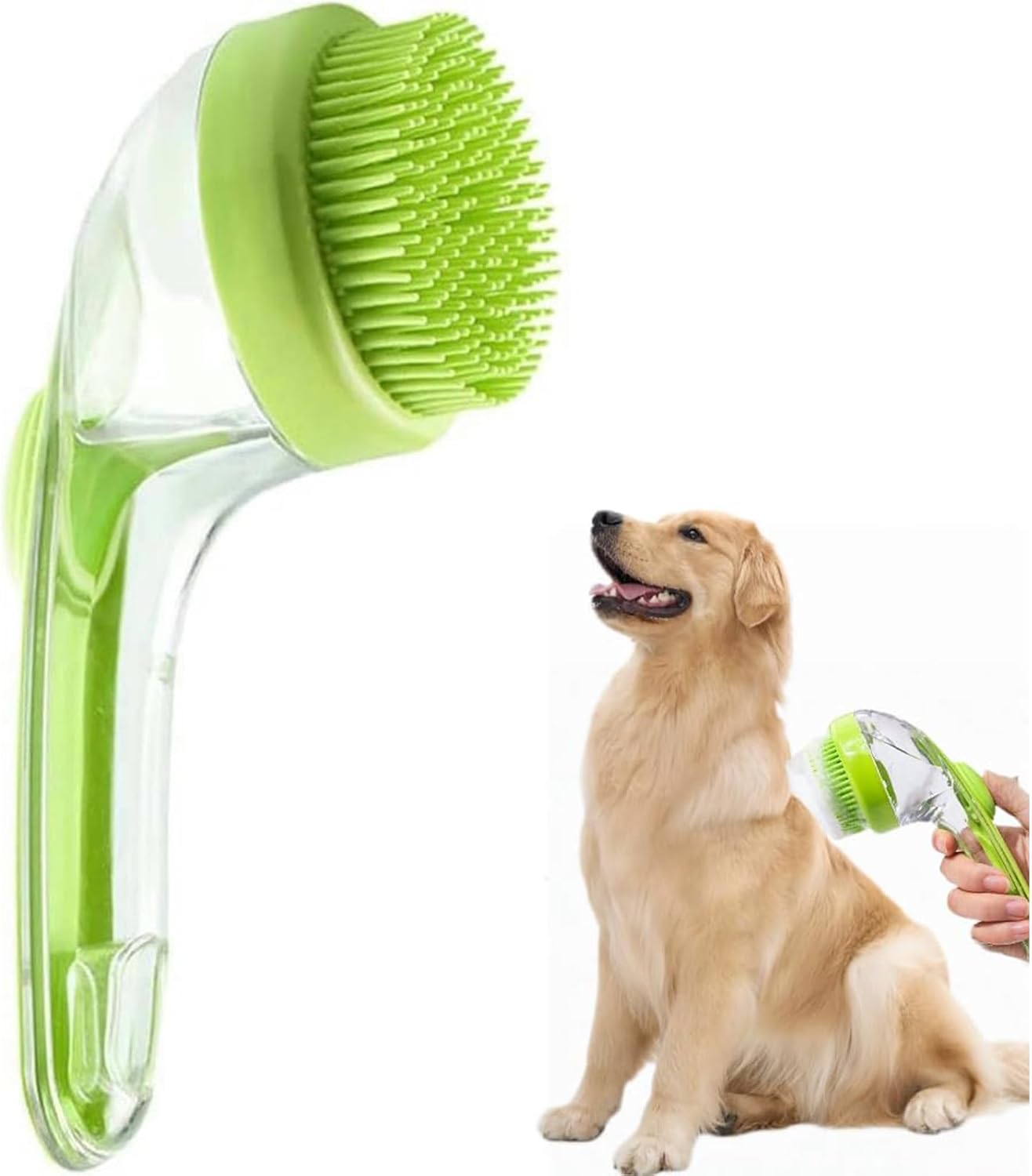 Yeanifeana Pet Bath Brush with Soap Dispenser, 2-In-1 Silicone Dog Cat Bathing Tool, Long Handle Soft Massage Grooming Brush for Dogs Cats Bath Tim (Green)