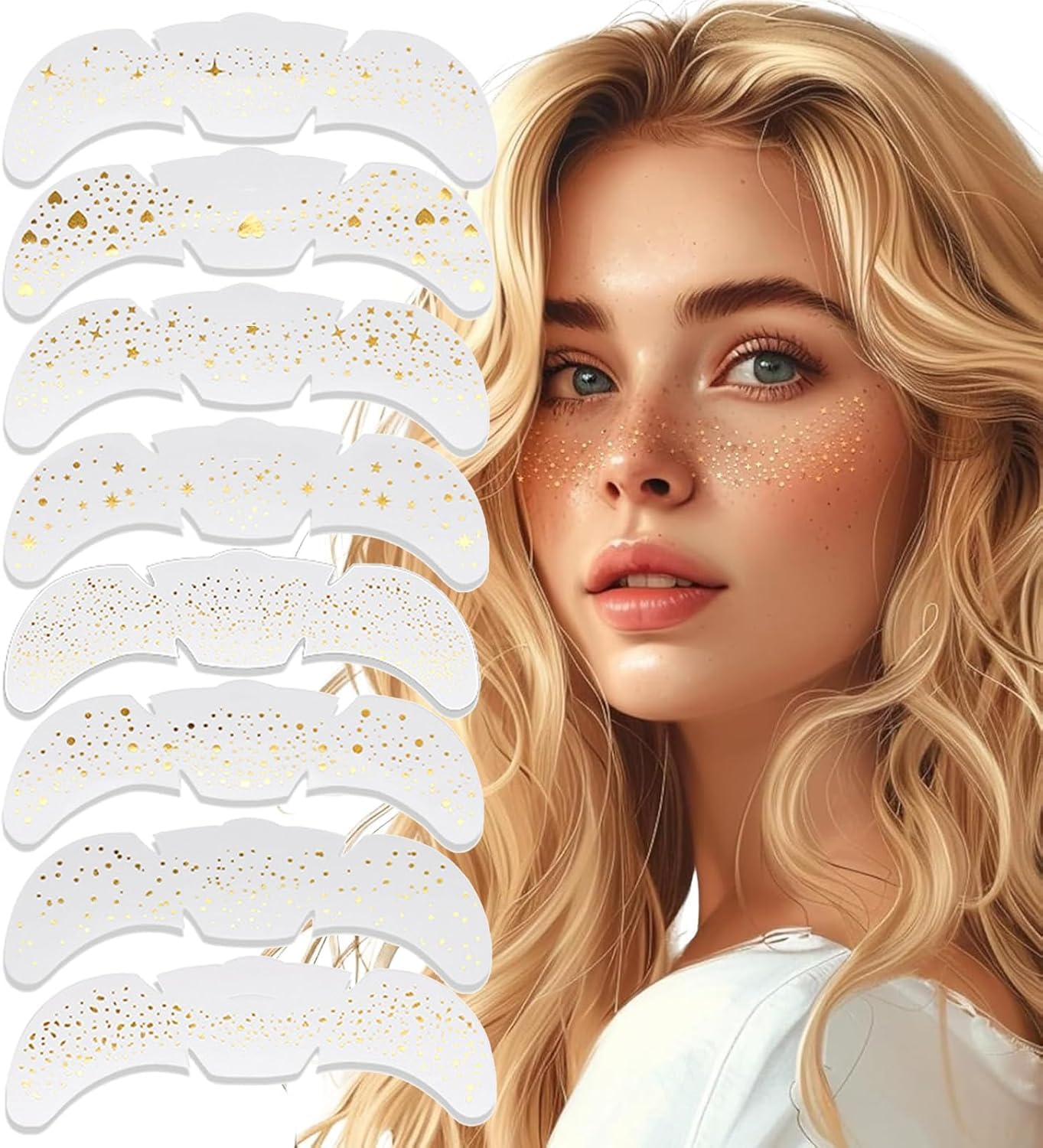 Glitter Freckles Face Tattoo, 8 Pcs Gold Holographic Sparkle Face Glitter Freckles Speckles Stickers, Waterproof Metallic Cute Star Temporary Tattoo Stickers Makeup Festival Rave Accessories image number 1