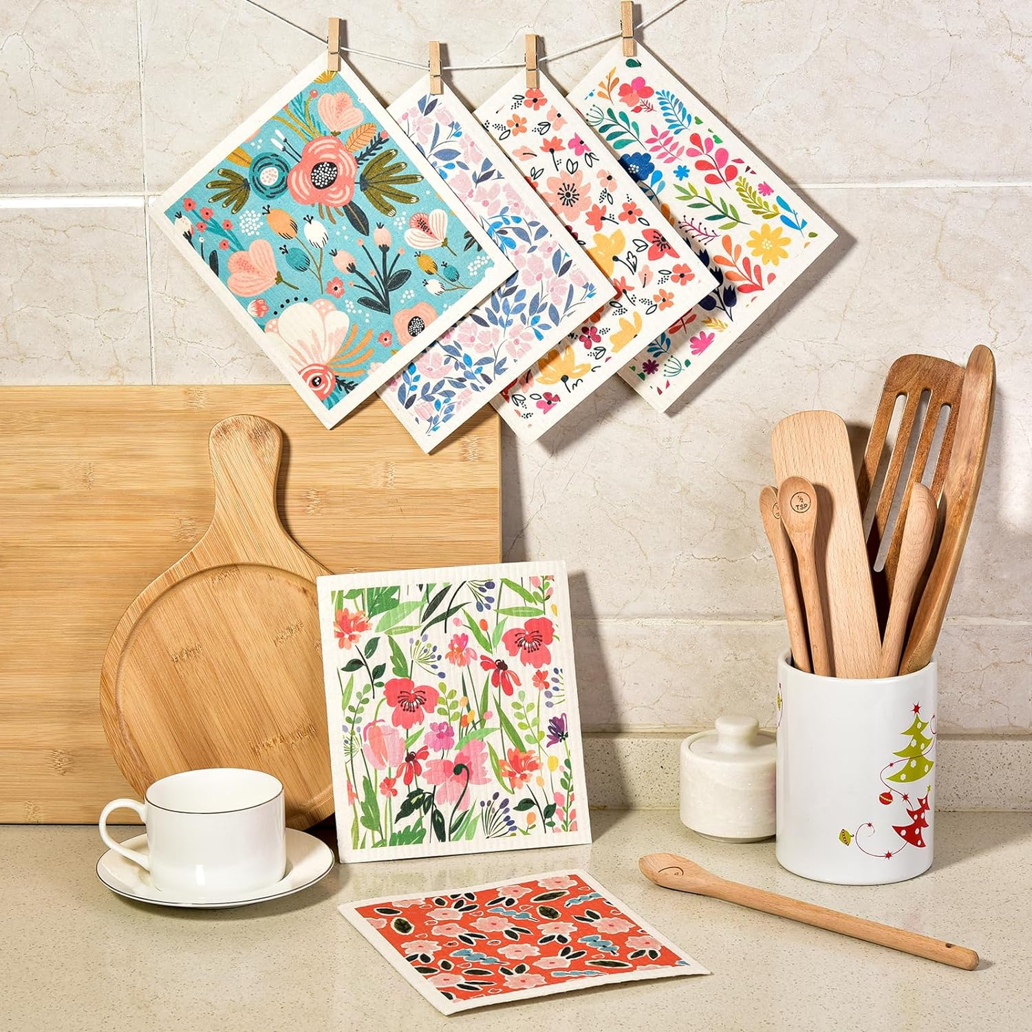 Three Oaks Set of 6 Kitchen Scandi Flower Floral Meadow Daisy Peony Swedish Dishcloths Cleaning Cloths Towels Absorbent Quick Drying Dish for Counter Wipes image number 2