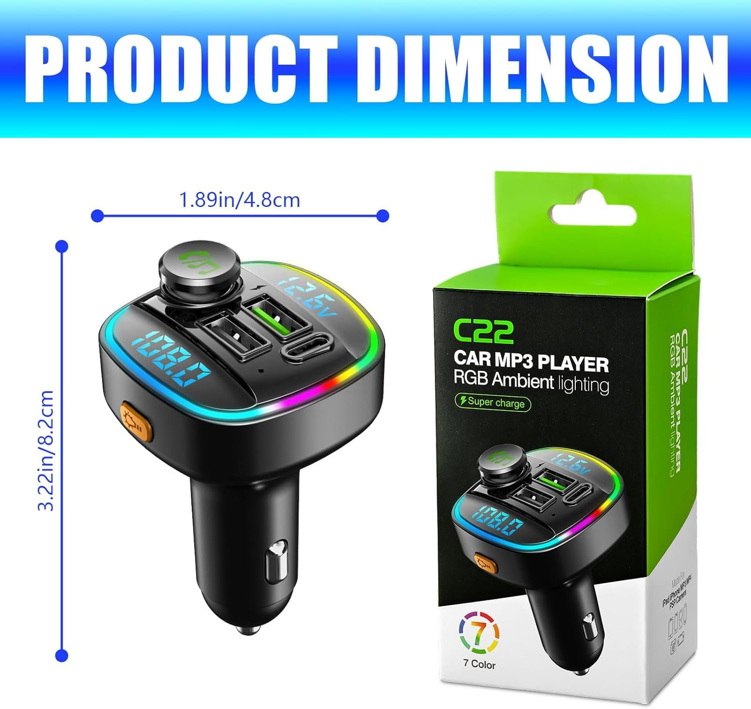 FM Transmitter,Bluetooth 5.4 FM Transmitter Car Adapter,48W （PD 36W & 12W） Fast Charger, 7+1Color LED Light, Hands-Free Calling, Bass Boost Hi-Fi Sound, Support U Disk/Tf Card & Voice Assistant(Usb image number 4