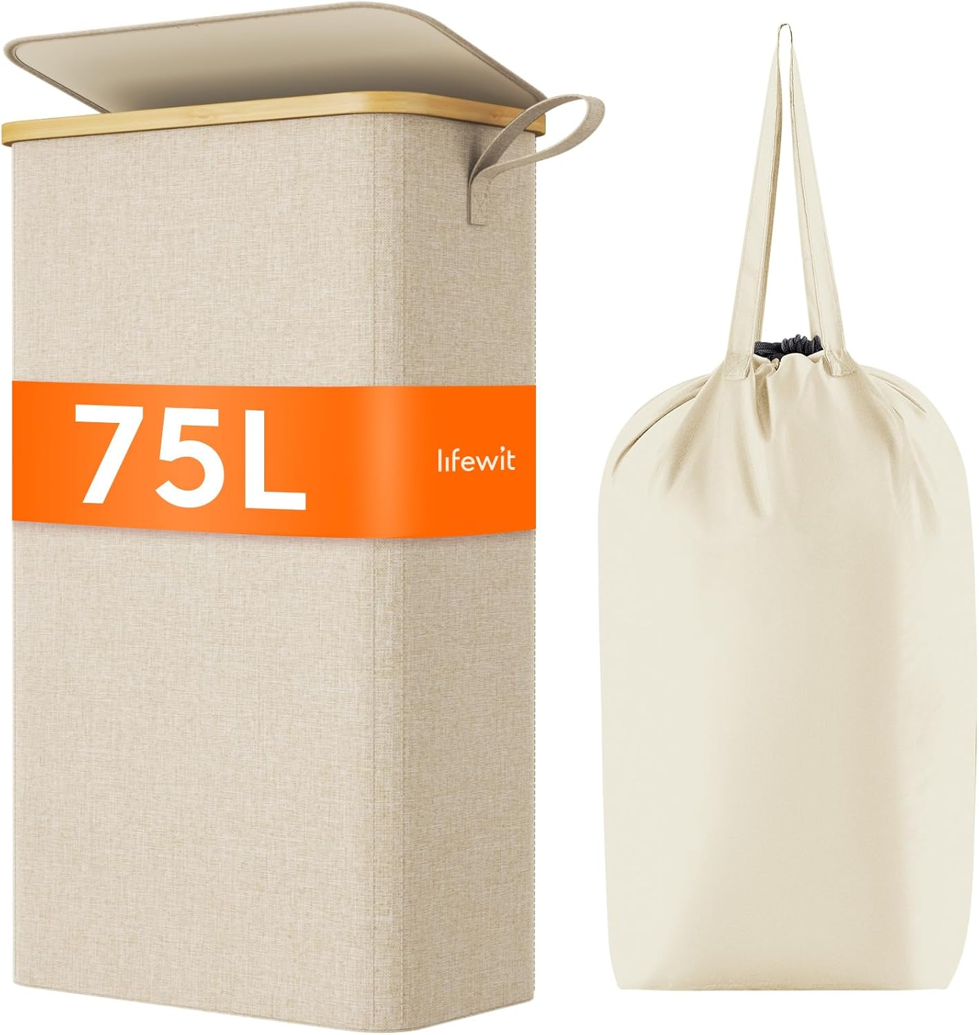 Lifewit 65L Slim Laundry Hamper with Lid, Narrow Laundry Basket with Removable Bag & Bamboo Handles, Fodable Thin Dirty Clothes Hamper for Laundry Collapsible Bin for Bathroom Bedroom Dorm, Gray