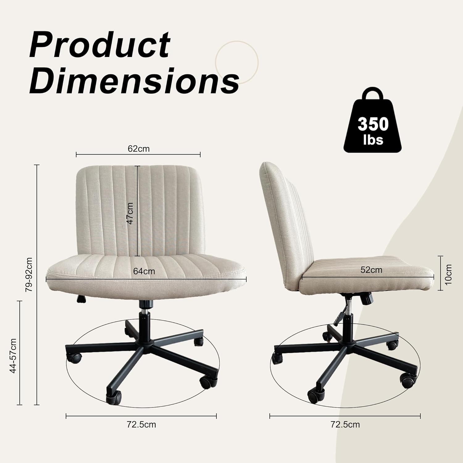 ONEIN Cross Legged Chair, Armless Office Chair with Adjustable Height, 360&deg; Swivel, and Upholstered Cushioned Seat, Modern Ergonomic Desk Chair for Home Office, Vanity, and Study &ndash; Beige image number 6