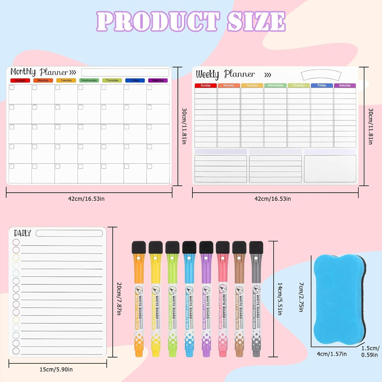 3Pcs Dry Erase Magnetic Calendar for Refrigerator, Monthly & Weekly & Daily Planner Board,With 8 Markers and Eraser for Fridge Wall Door - Shopping, Meal/Menu, to Do List, Family Schedule Plan Board image number 3