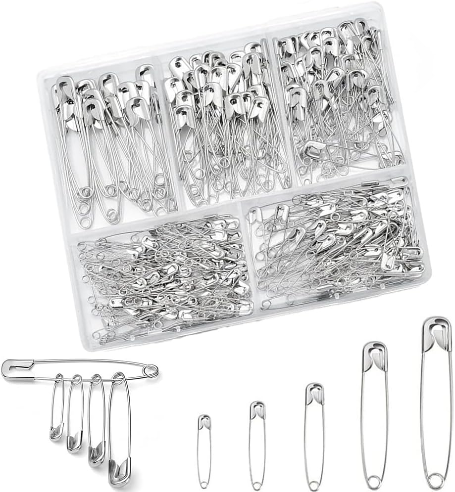 300Pcs Safety Pins By,5 Assorted Sizes, Durable Nickel-Plated Steel Pins, Rust-Resistant & Sharp for Clothes, Sewing, Arts & Crafts (Silver)