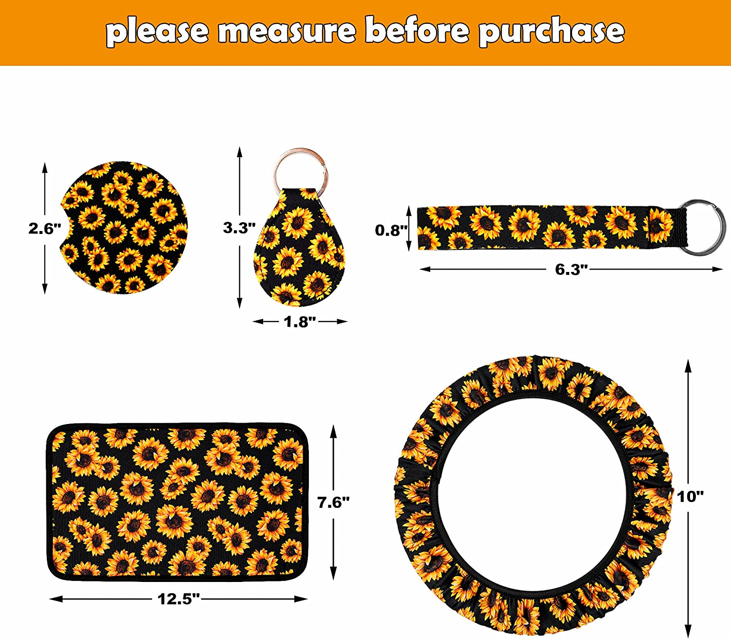 21PCS Sunflower Car Accessories Set, Sunflower Seat Covers, Sunflowers Car Mat, Sunflower Steering Wheel Cover, Universal Console Cover, Seat Belt Shoulder Pads, Keyring, Car Decor&Cup Coaster. image number 5