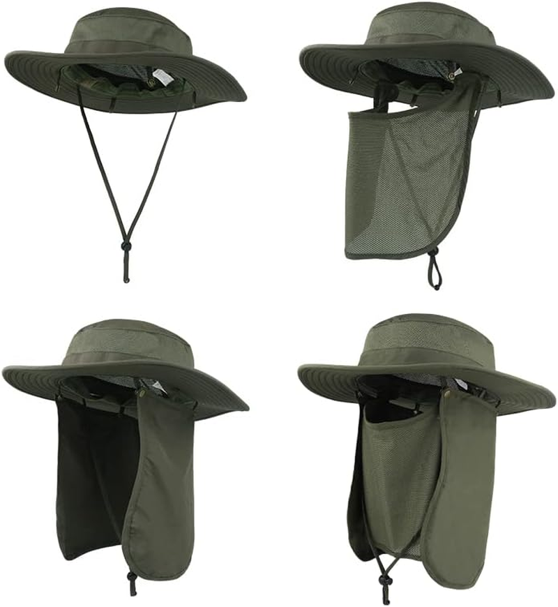 ASY Outdoor Sun Hat UPF 50 Protection Boonie Waterproof Fishing Cap for Men & Women Face Cover Summer Removable Mesh Neck Face Flap Hat - Army Green image number 6