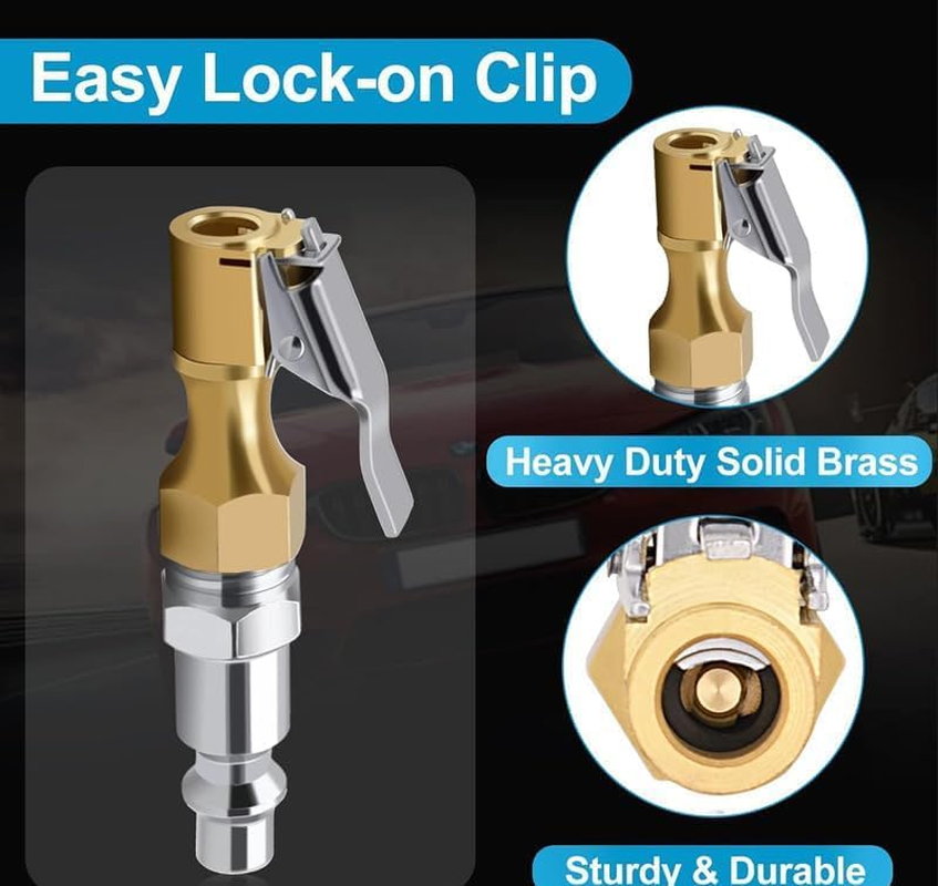 Heavy Duty Brass Lock-On Air Tire Chuck, Open Flow Design with Clip Adapter, 1/4" FNPT for Tire Inflators, Air Compressors, Pressure Gauges and Vehicle Inflator Pump Accessories Tool image number 2