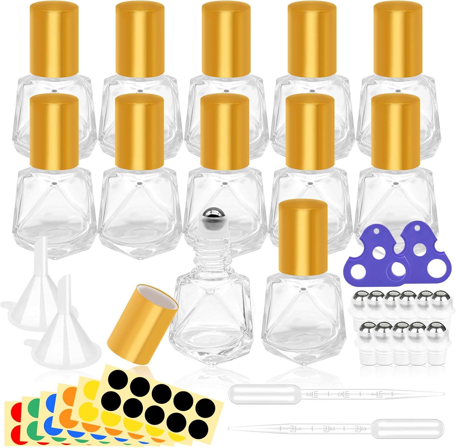 Yauhar 30Pcs 8Ml/0.27Oz Travel Essential Oil Roll on Bottle with Stainless Steel Ball Gold Cap Set Contains Polygonal Clear Glass Roller Bottle, Openers, Droppers, Funnels and Labels