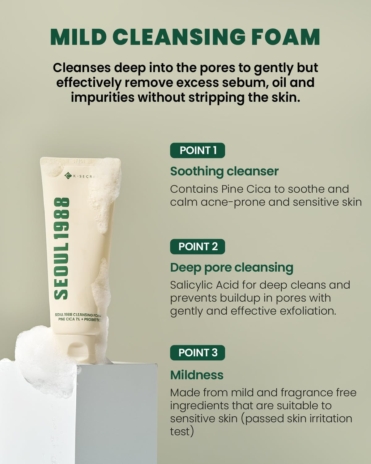 KSECRET SEOUL 1988 Cleansing Foam : Pine Cica 1% + Probiotics, 150Ml/5.07Fl.Oz.