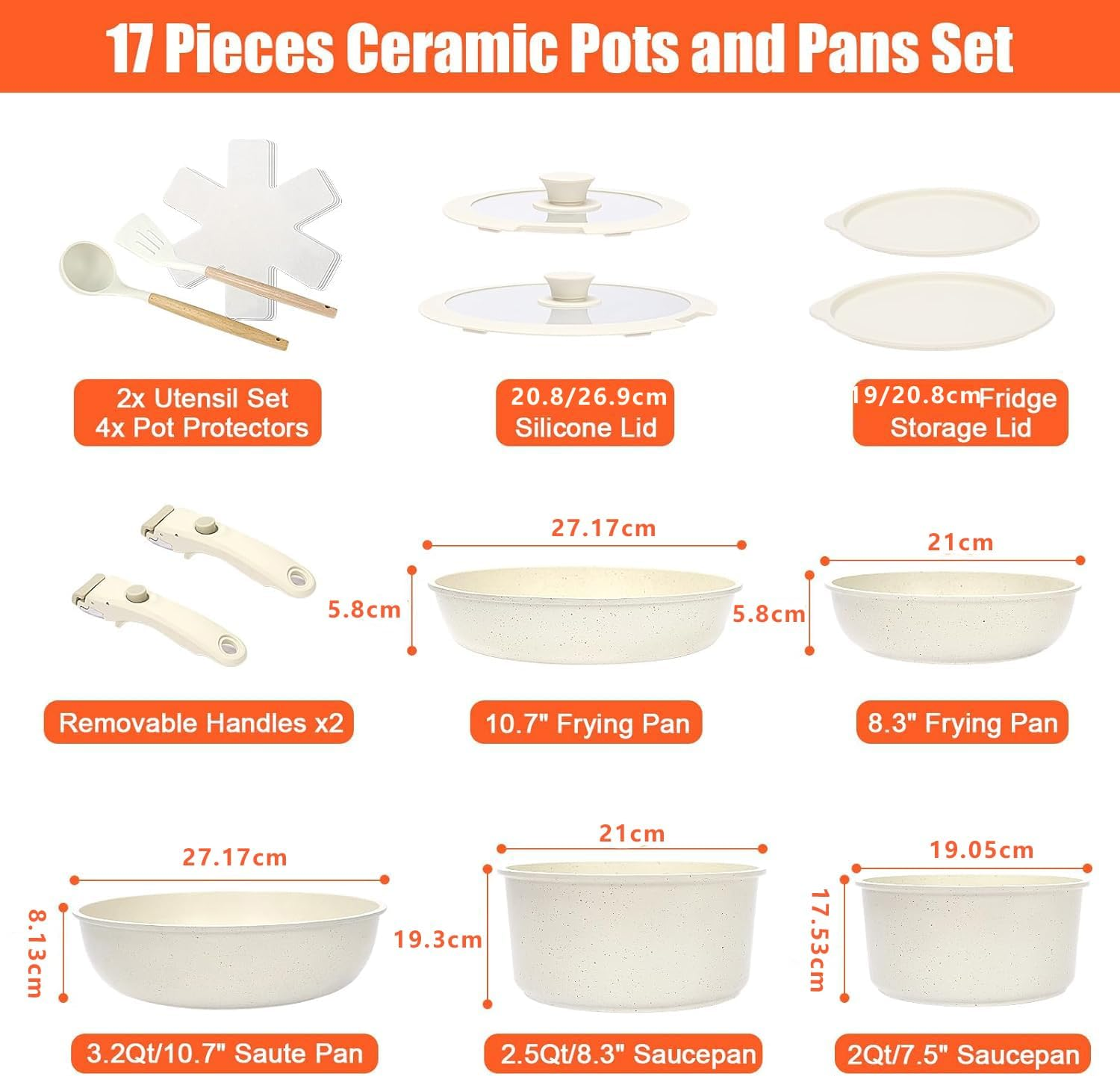 17 Pcs Pots and Pans Set Nonstick, Cookware Set Detachable Handl Kitchen Cooking Set with Utensil and Pan Protectors, PFOS and PFOA Free(White) image number 6