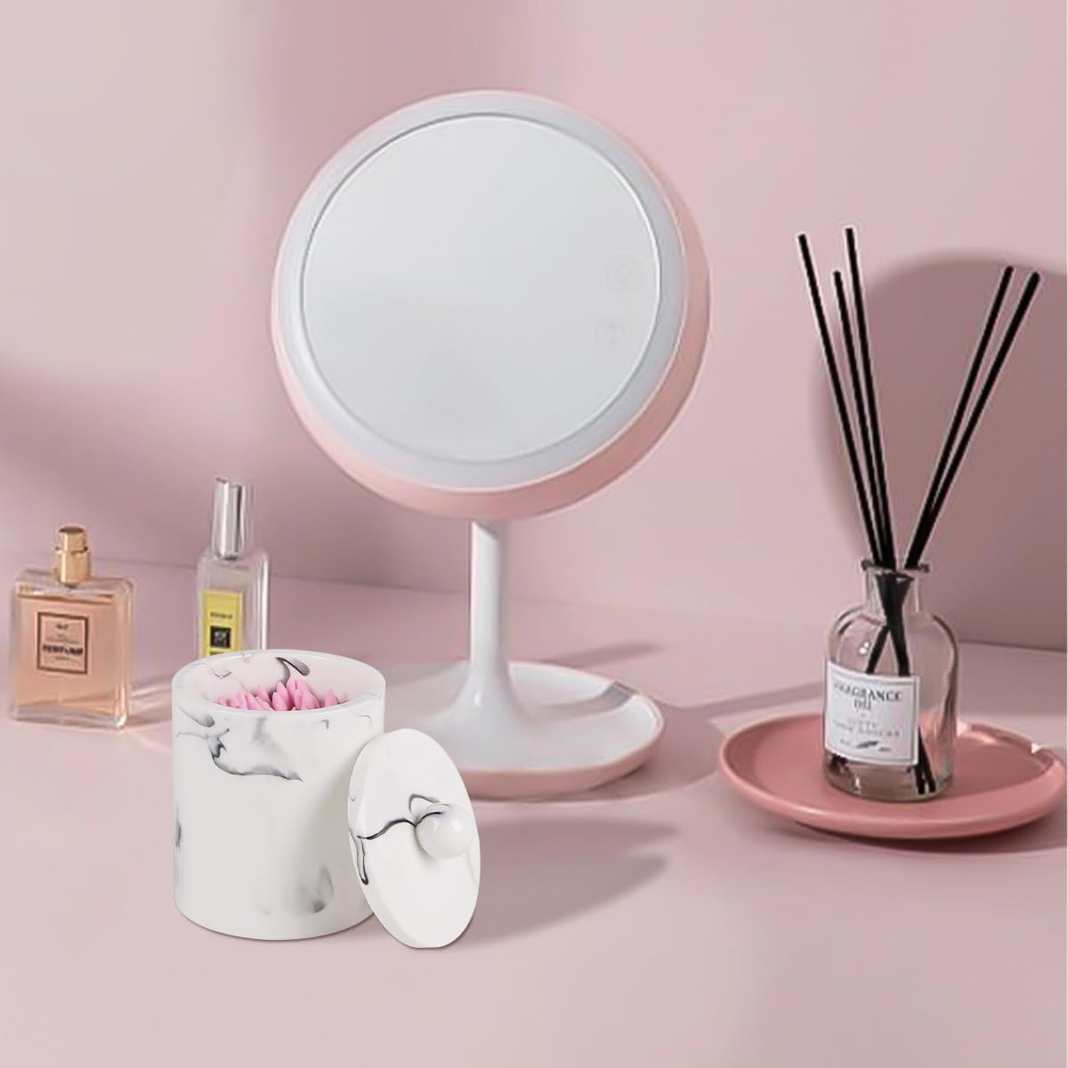 Tonxus Bathroom Vanity Countertop Divided Jars with Lid,Cotton Swab Holder,Resin Cotton Ball Container Makeup Sponges Cosmetics Canister,Bath Salts Storage Box (Marble White of 2) image number 6