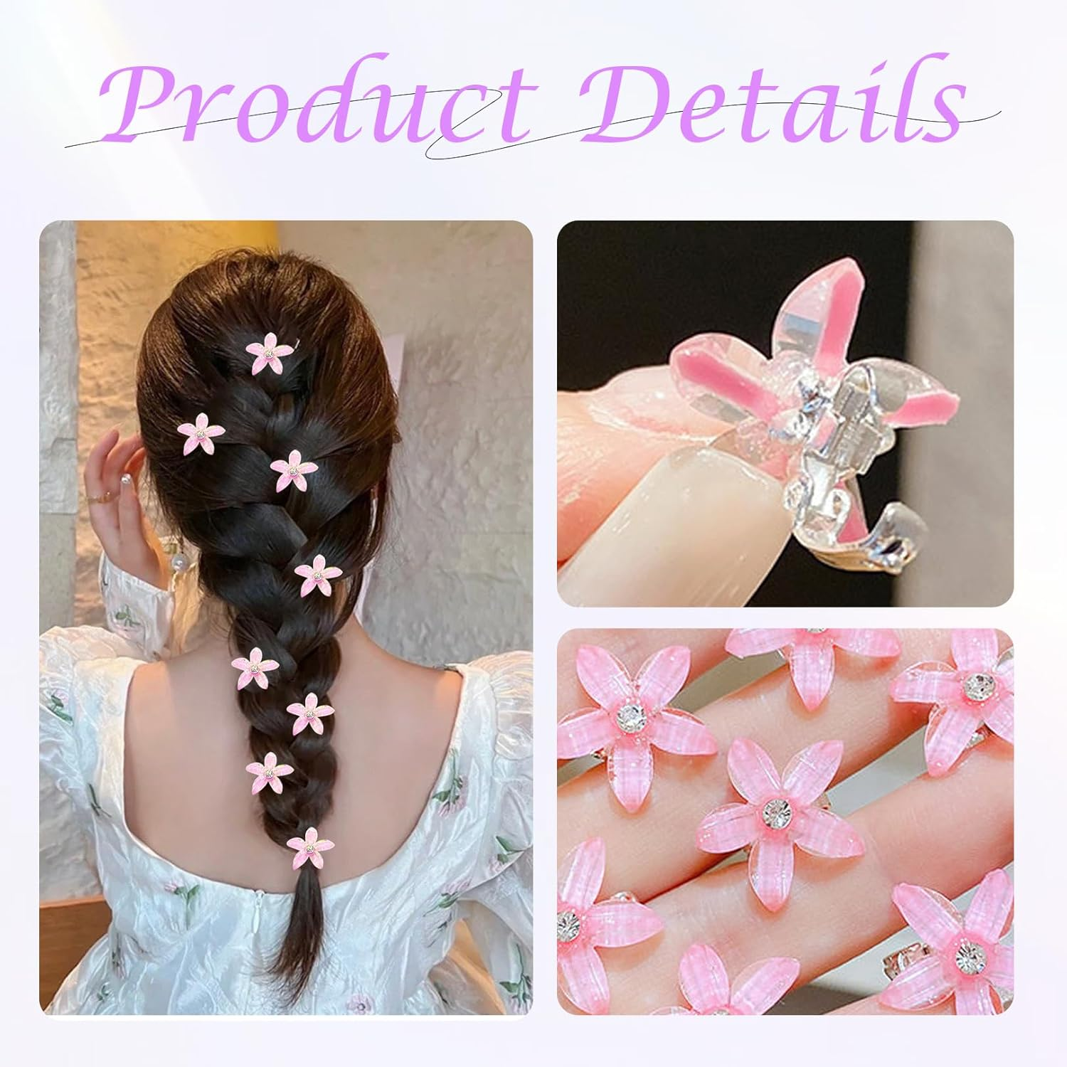 Pack of 10 Flower Hair Clips, Small Hair Clips, Girls' Hair Accessories with Rhinestones, Small Accessories Hair Clip, Flower Hair Accessories, Orchid Hair Clip Set, for Girls and Women (Pink) image number 4