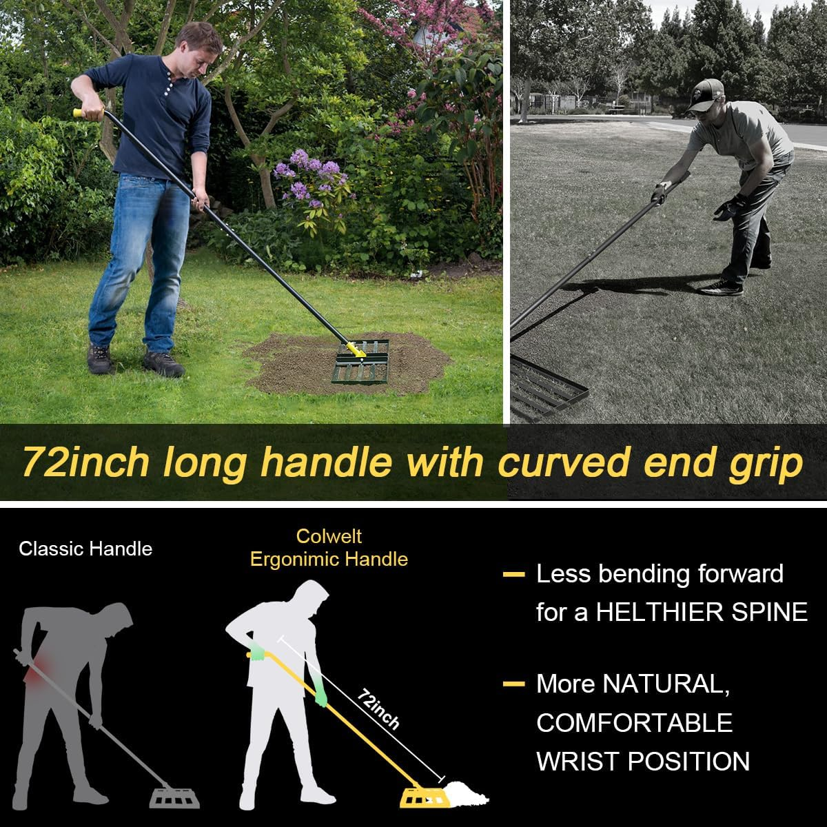Colwelt Lawn Leveling Rake 31'', Hefty Lawn Leveler Rakes for Grass Soil, Leveling Rake for Lawn with 72'' Ergonomic Curved End Grip Long Handle, Levelawn Tool Leveling Soil, Yard Lawn Leveling Tool image number 5