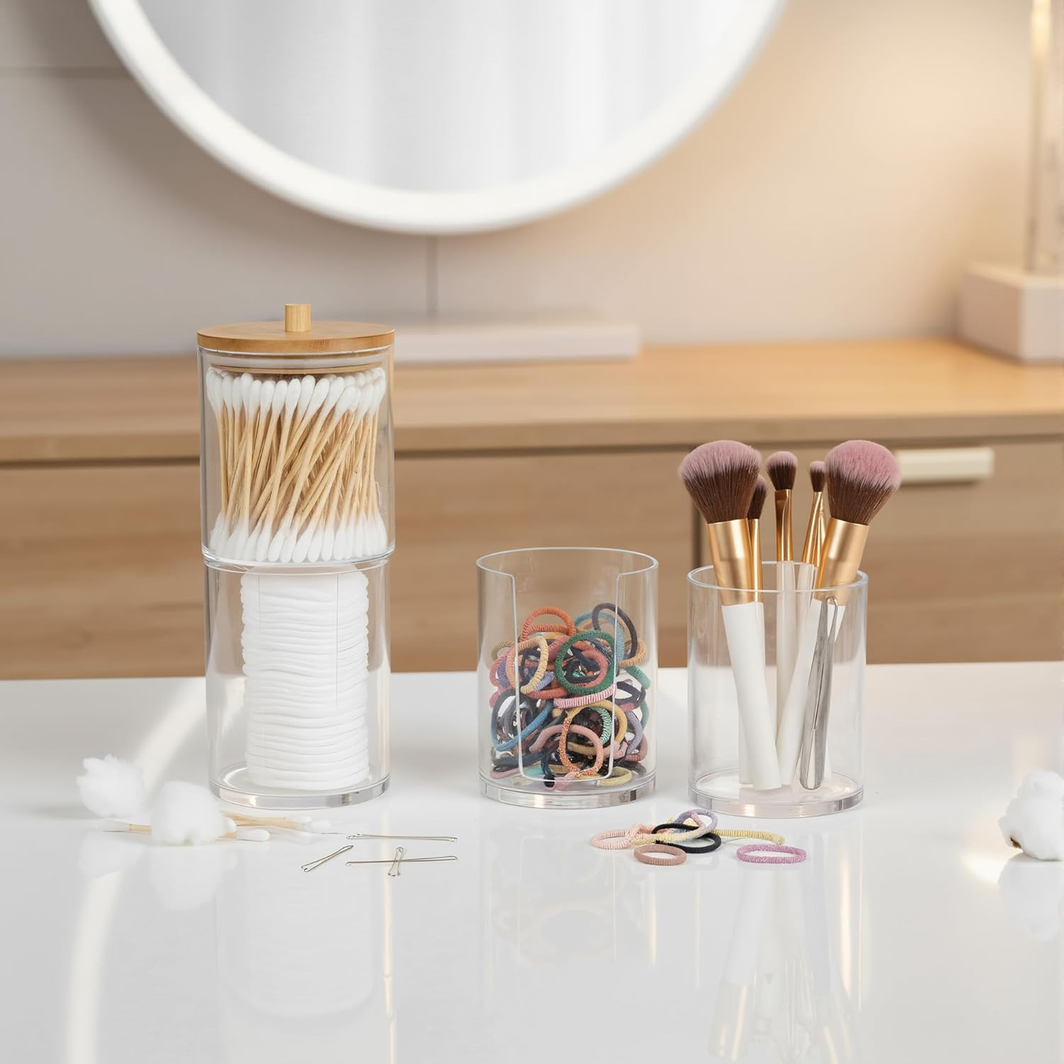 2-Pack Acrylic Organizer with Bamboo Lids - Stackable Bathroom Counter Holder & Dispenser for Cotton Balls, Swabs, Pads, Floss, Bath Salts image number 2