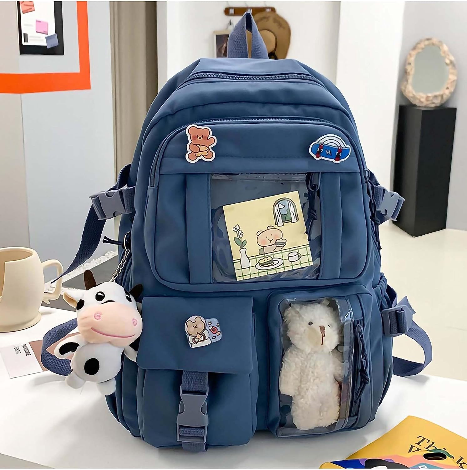 MOJIDUO Kawaii Backpack with Cute Plush Pendant and Kawaii Pins,Aesthetic Backpack Cute Kawaii Backpack for School - Bule image number 6