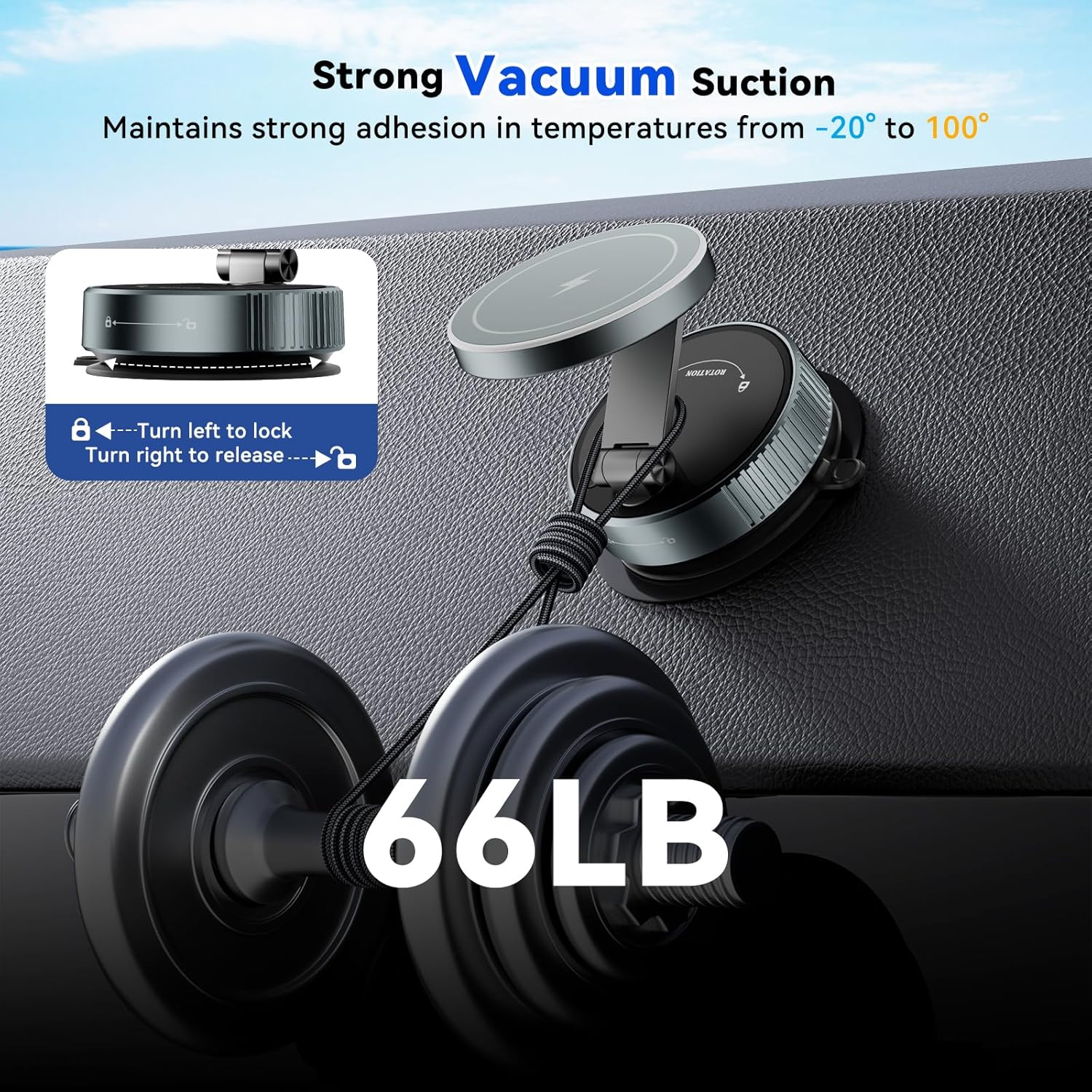 Cloudvalley for Car Mount Charger, 15W Wireless Rapid Charging & 360&deg; Rotating Vacuum Suction Cup, Magnetic Phone Holder with RGB Light, Compatible with Magsafe, Iphone 16/15/14/Dash/Windshield/Screen image number 4