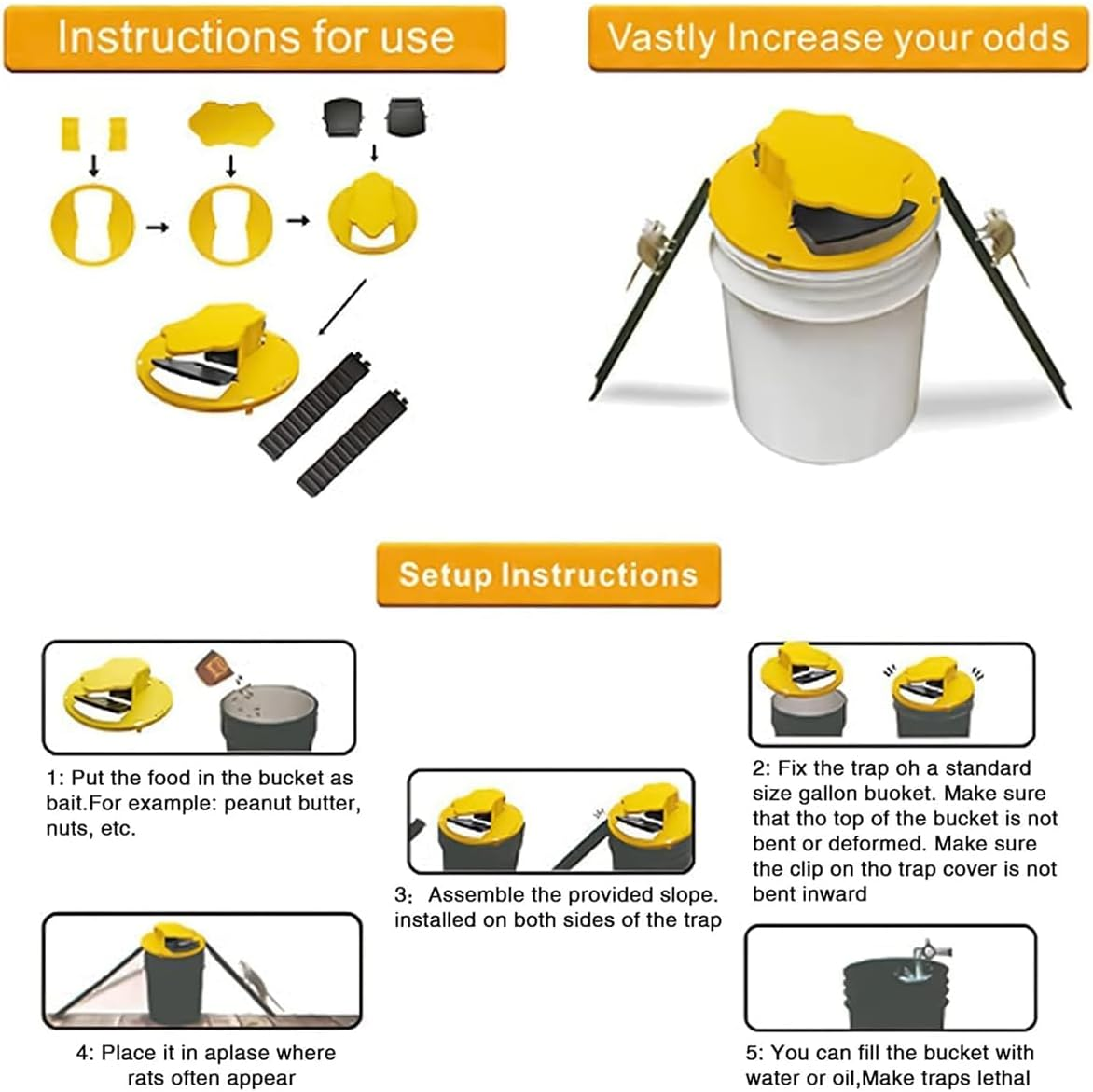 AIMALL Auto-Reset Flip Lid Rat Trap for 5-Gallon Bucket, Humane Reusable Mouse Catcher with Entry Ramps, Indoor Outdoor Rodent Control Tool, 12.2"X3.5" - Rat Head-Yellow image number 5