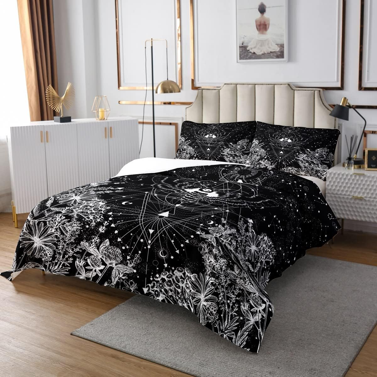Gothic Moth Bedspread Set 240 X 260 Cm Sun and Moon Quilt Set Trippy Galaxy Duvet Starry Sky Bed Linen Hippie Bohemian Duvet Psychedelic Astrology Bedspread 3-Piece Soft image number 3