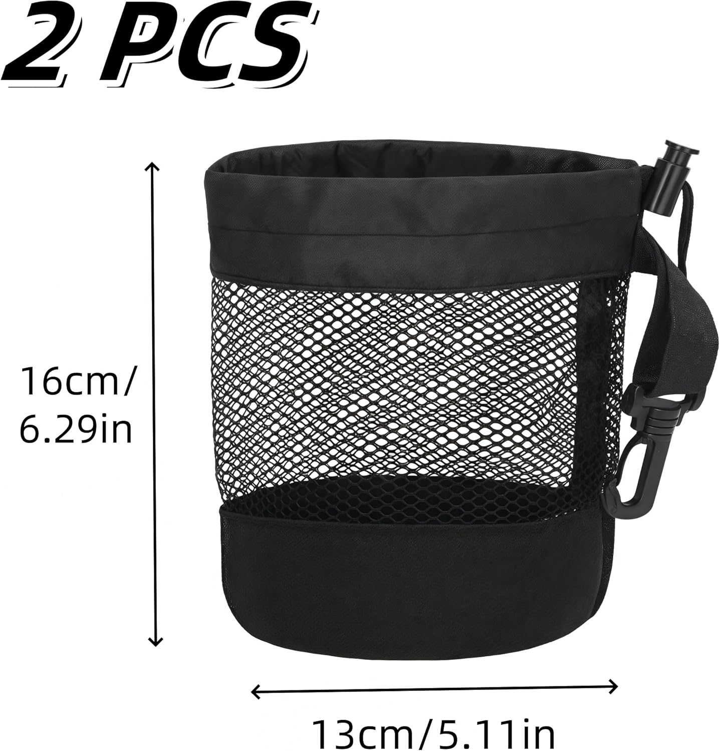 2 Pack Golf Ball Storage Bag with Hooks,13 X 16 Cm Nylon Drawstring Mesh Pouch,For Accessory Outdoor Sports Supplies(Black) image number 2