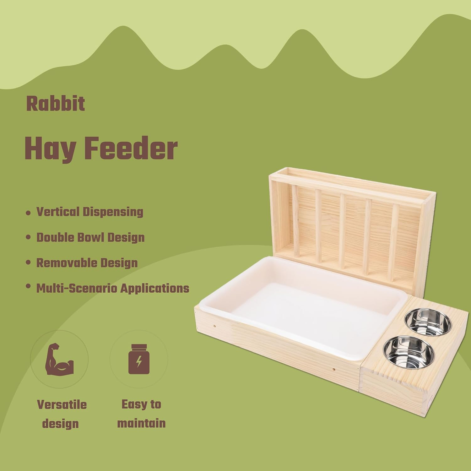 Rabbit Hay Feeder with Litter Box 2 Stainless Steel Bowls Mess Proof Wooden Bunny Feeding Manger for Chinchillas Hamster Small Anima image number 4