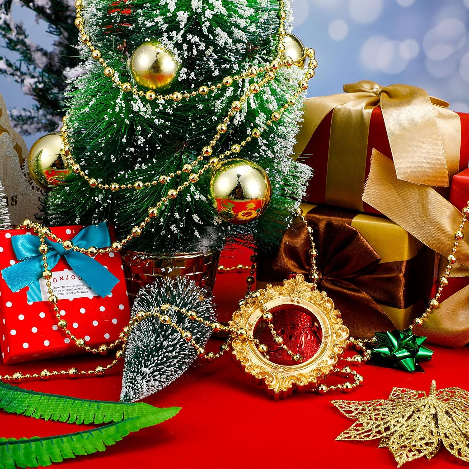 WILLBOND 32.8 Feet Christmas Tree Beads Beaded Garland Strand Plastic Pearls Beads Garland Crystal Bead Roll for Christmas and Holiday Decorations (Gold) image number 1