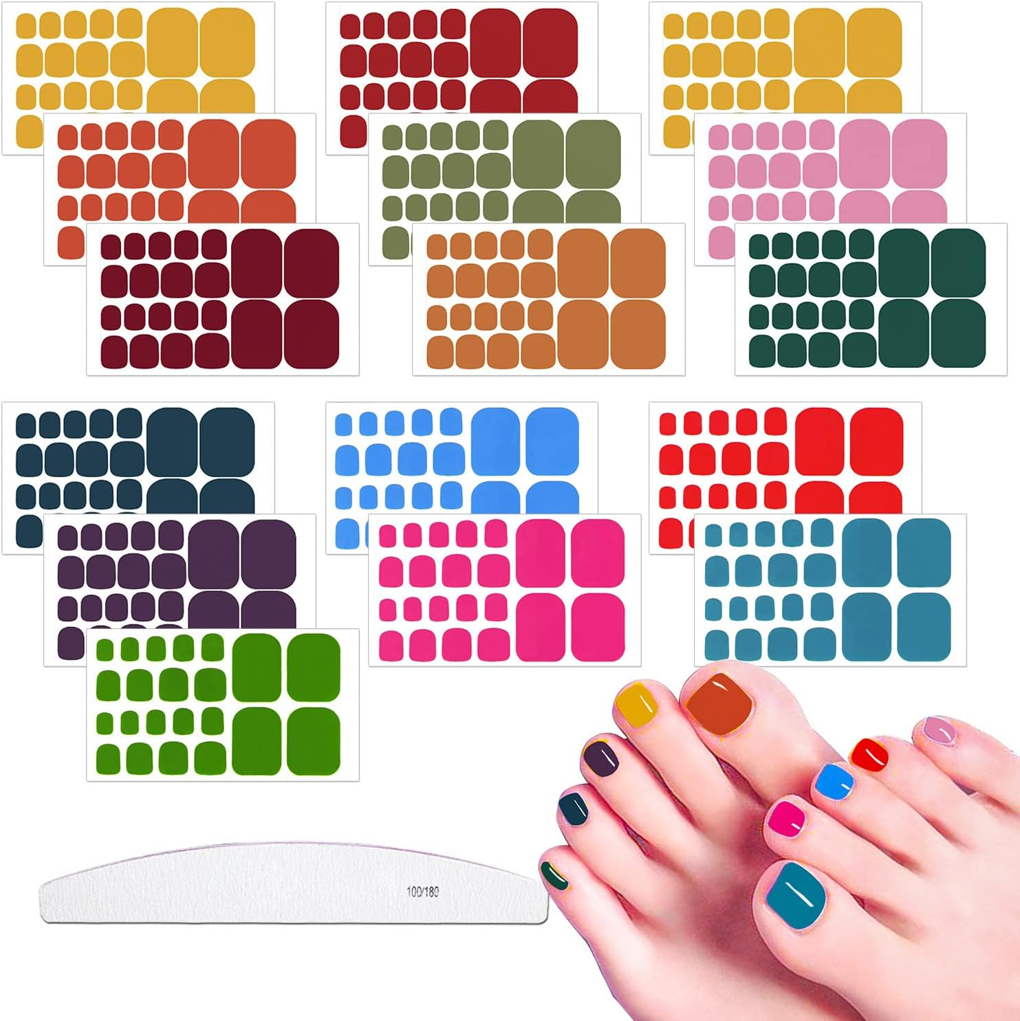 JERCLITY 352 Pieces 16 Sheets Solid Color Toenail Polish Strips Stickers Self Adhesive Bright Color Toenail Full Wraps Full Nail Stickers Nail Art Decal Strips with Nail File for Women Girls