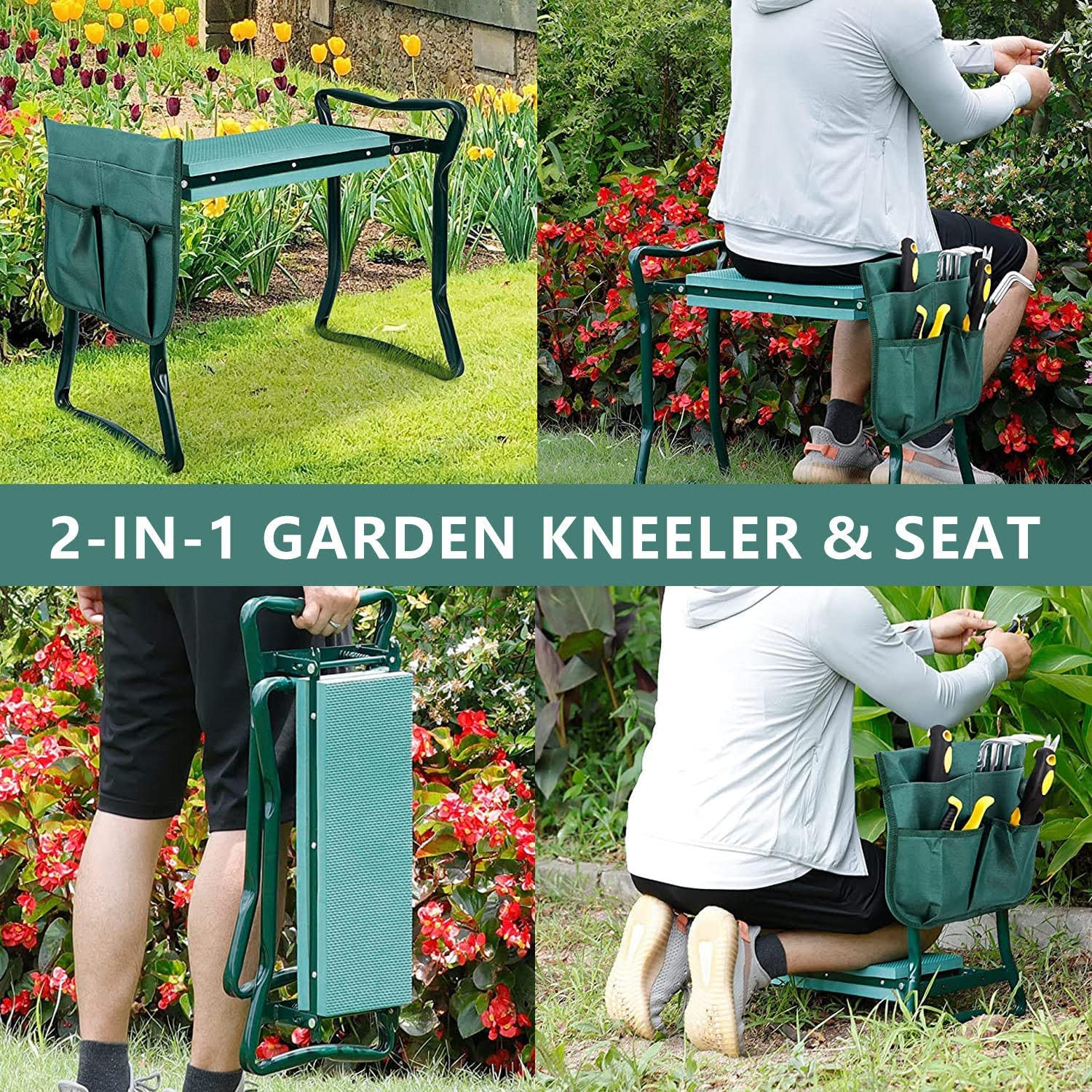 Gardening Kneeler, Stool, Foldable Seat with Thick Kneeling Pads and Pouch with Garden Tool Pockets image number 2