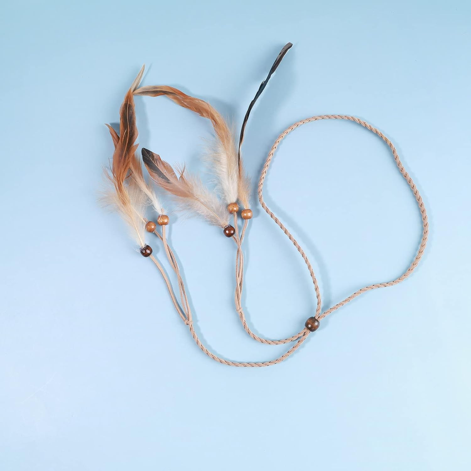 Tseenyi Gypsy Feather Headband Hairband Boho Feather Hairband Beads Feather Tassel Headband Jewellery for Women and Girls Christmas Stage Performance (Beige) image number 2