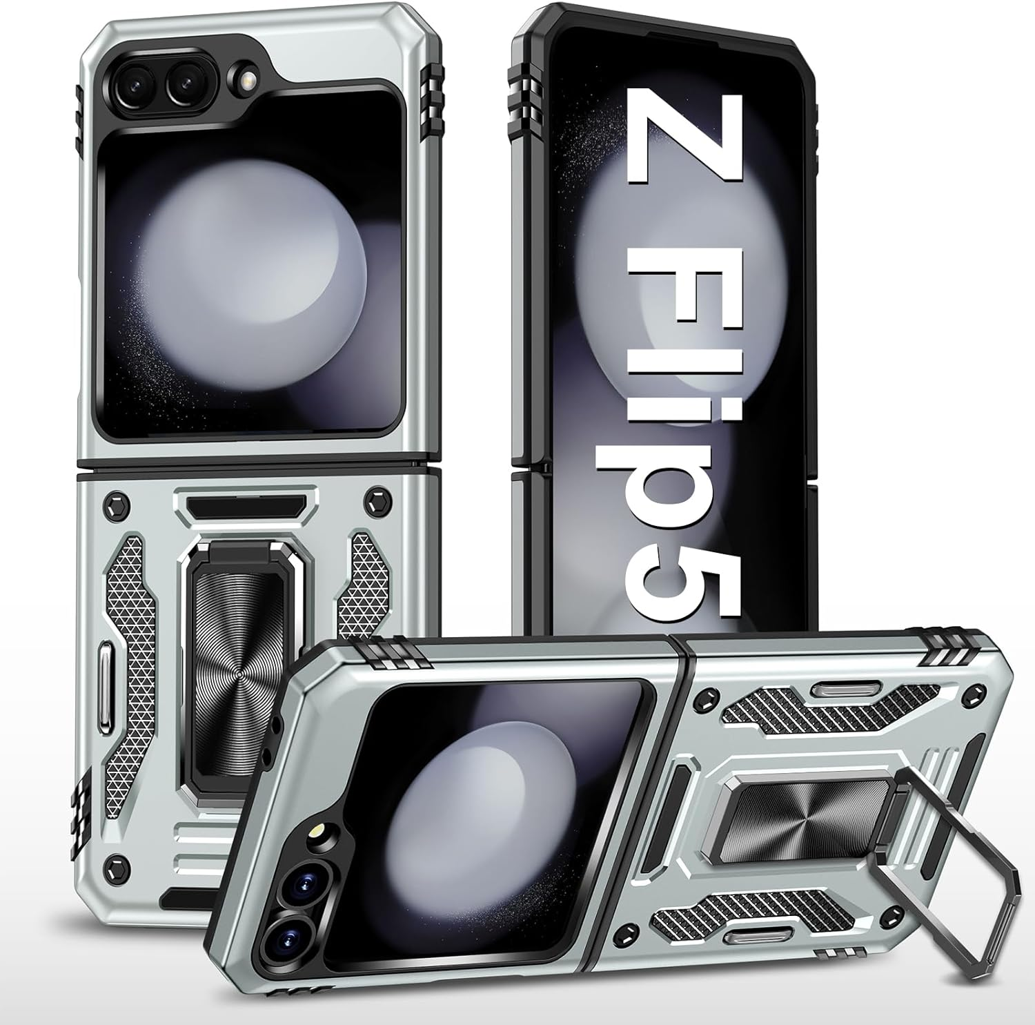 Mobile Phone Case for Samsung Galaxy Z Flip 5 Case with Slide Camera with Camera Protection Galaxy Z Flip 5 Protective Case 360&deg; Rotating Metal Ring Stand Shockproof for Samsung Z Flip 5 5G (Grey) image number 6