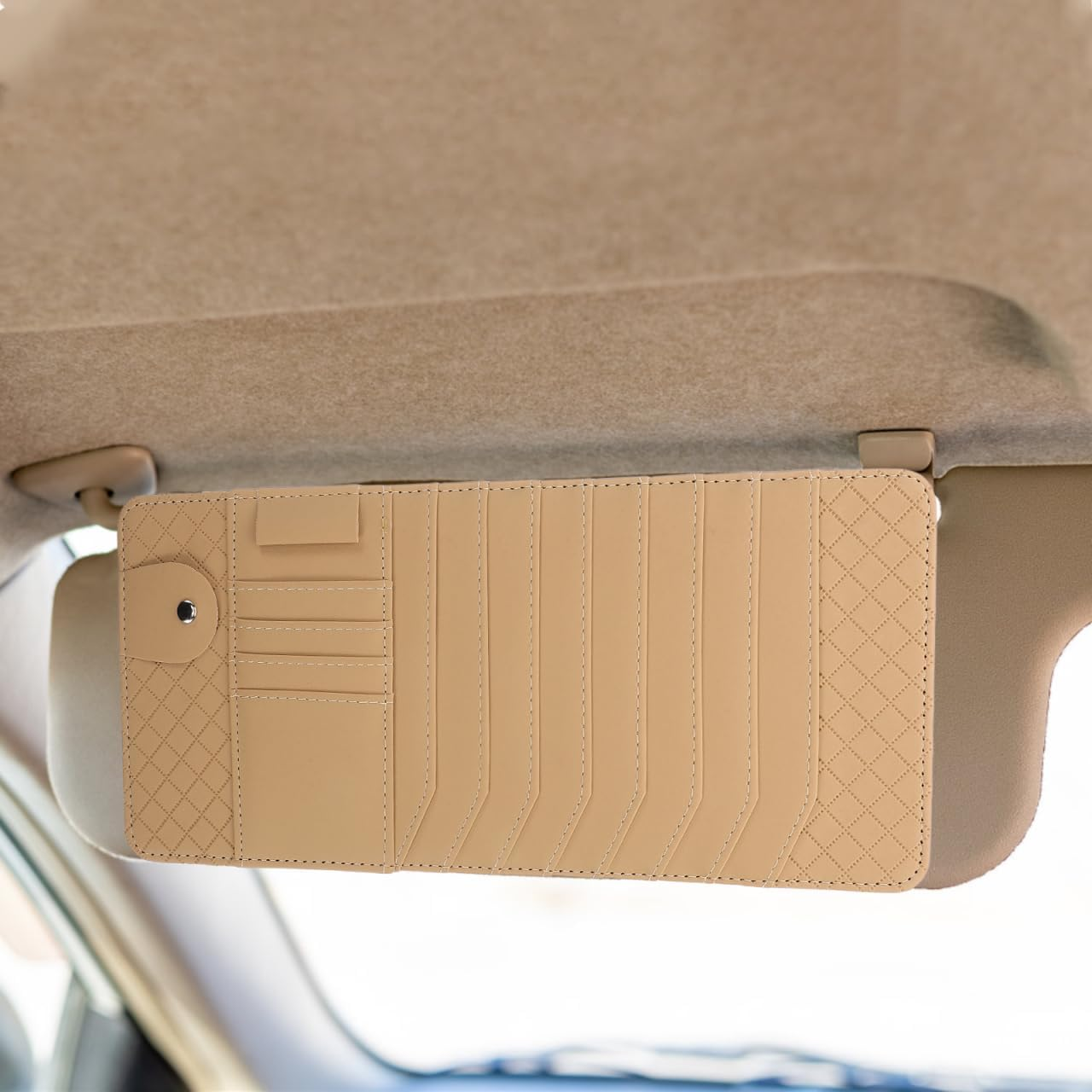 POPETPOP Car Visor Organizer CD Holder with Faux Leather Multifunctional Sun Visor Storage Bag for Sunglasses and Dvds Stylish Car Accessories for Drivers image number 3